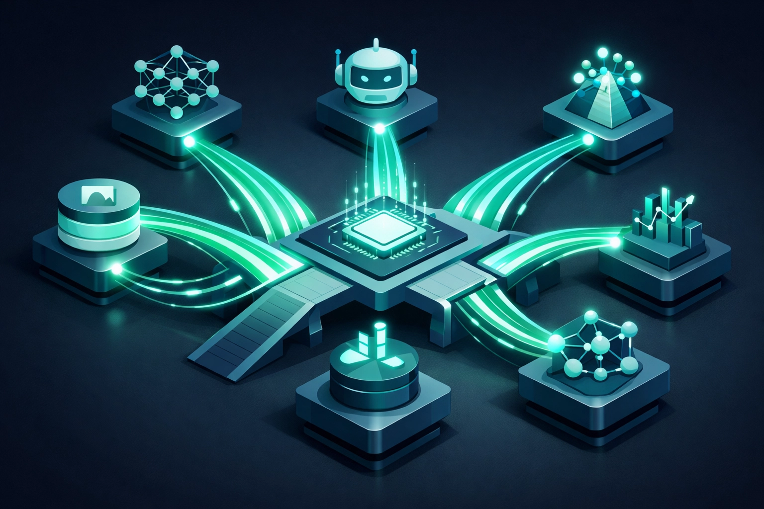 Isometric illustration showing LiteLLM acting as a central hub connecting data to multiple AI models.