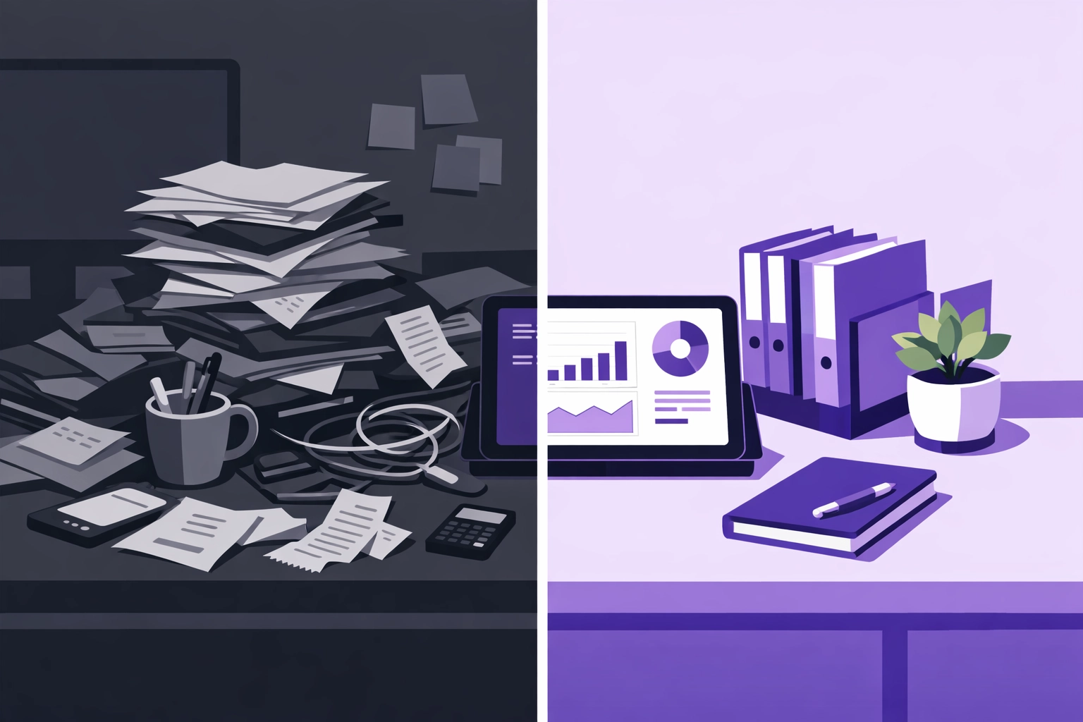 Before and after bookkeeping cleanup showing messy records transformed to organized system