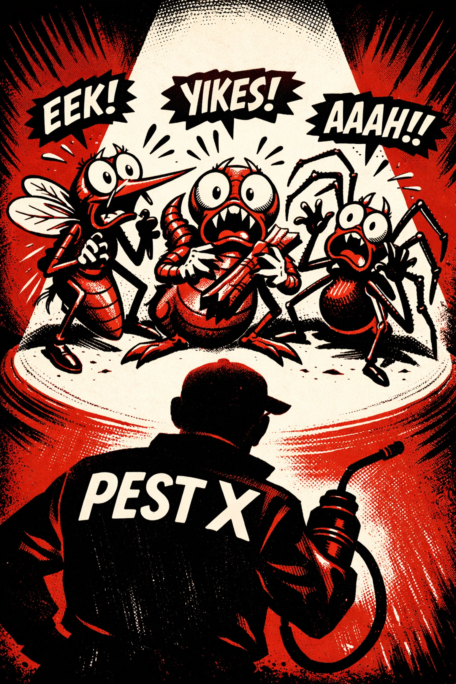 Comical pests representing the mosquitoes and spiders covered by the Pest X premium bundle in Jasper AL.
