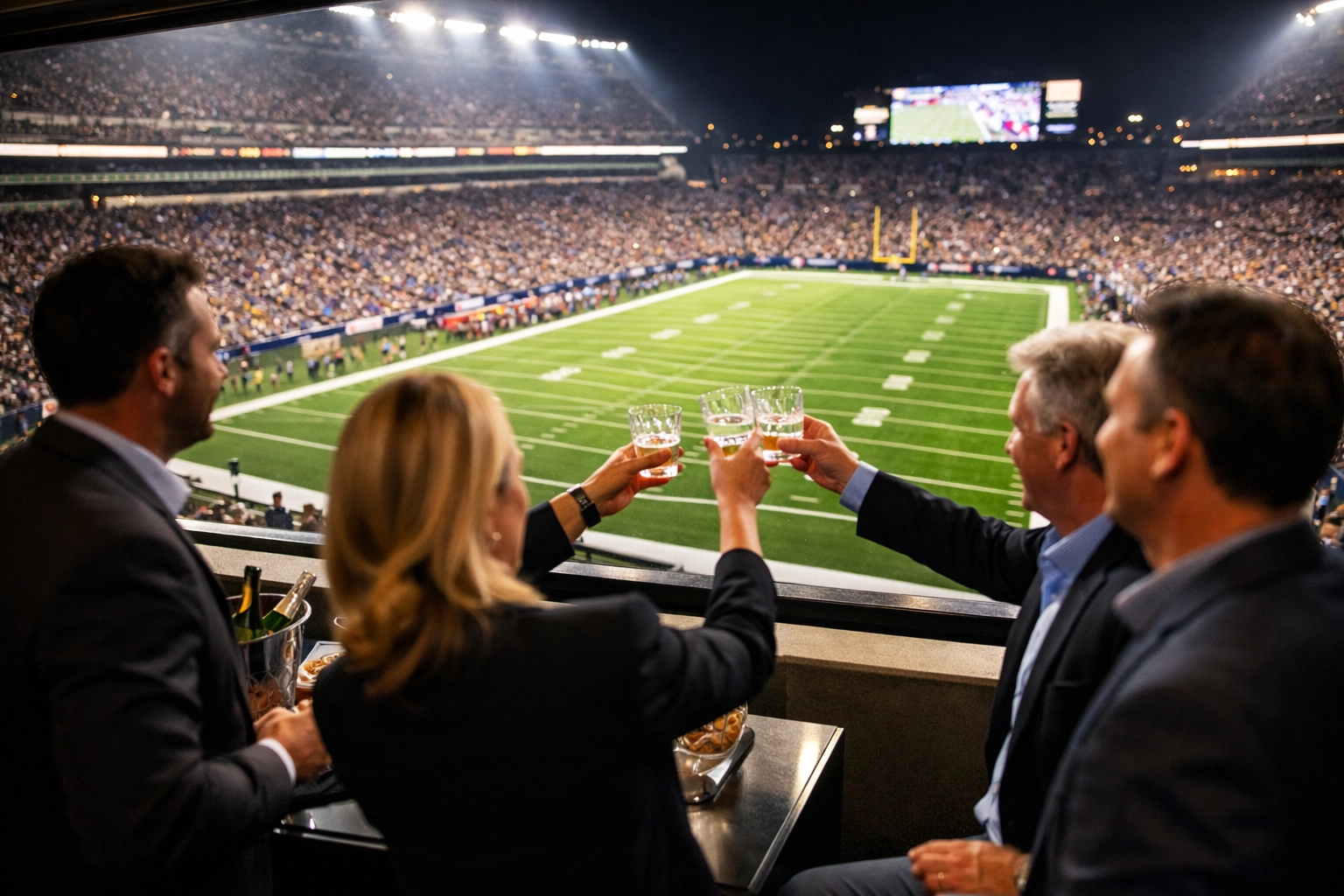 Looking For a Super Bowl Branding Edge? Here Are 10 Things You Should Know About VIP Travel Business leaders networking in a luxury VIP suite at the Super Bowl to maximize brand presence.