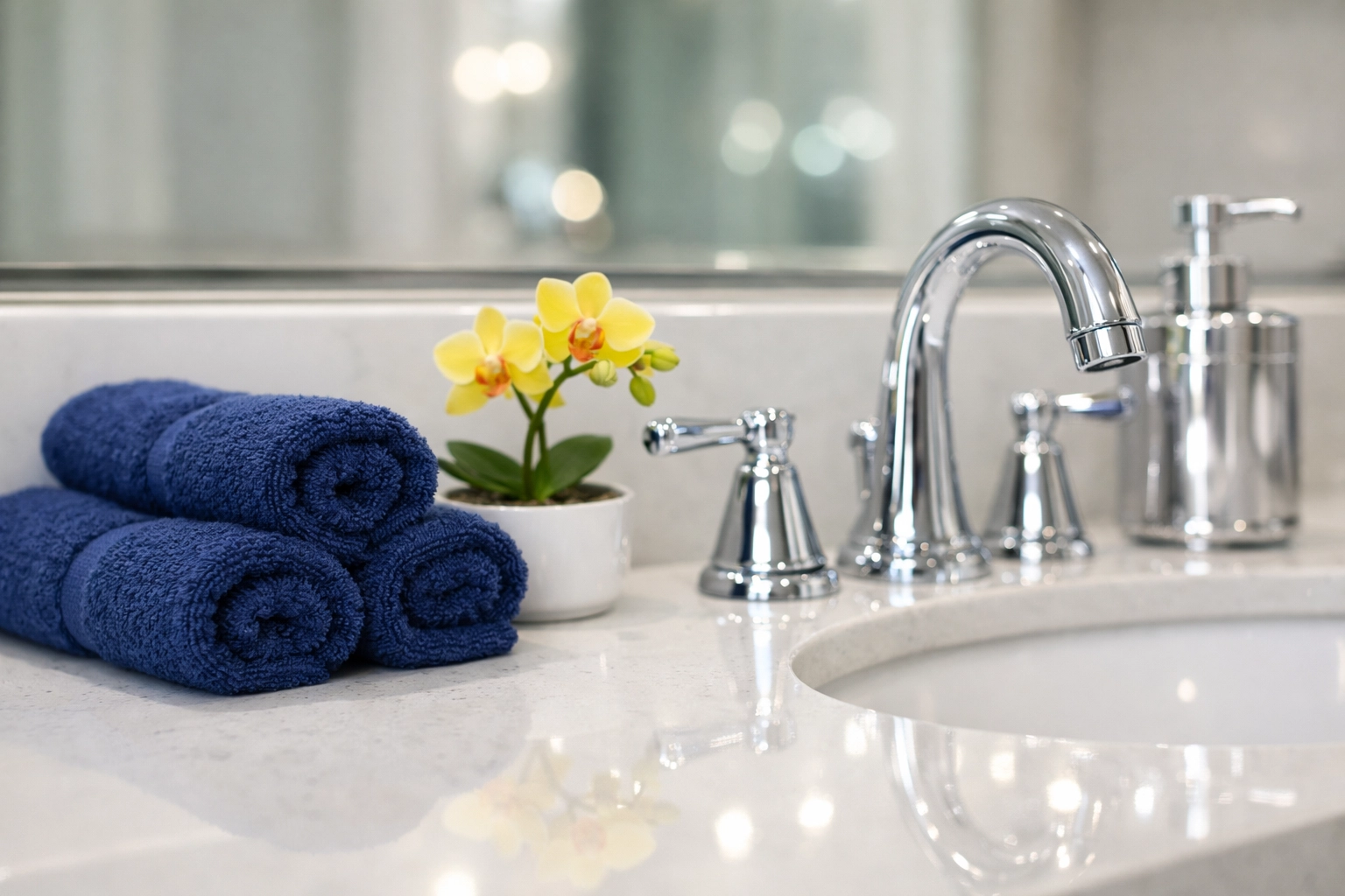 A spotless luxury bathroom vanity showcasing the results of professional house cleaning.