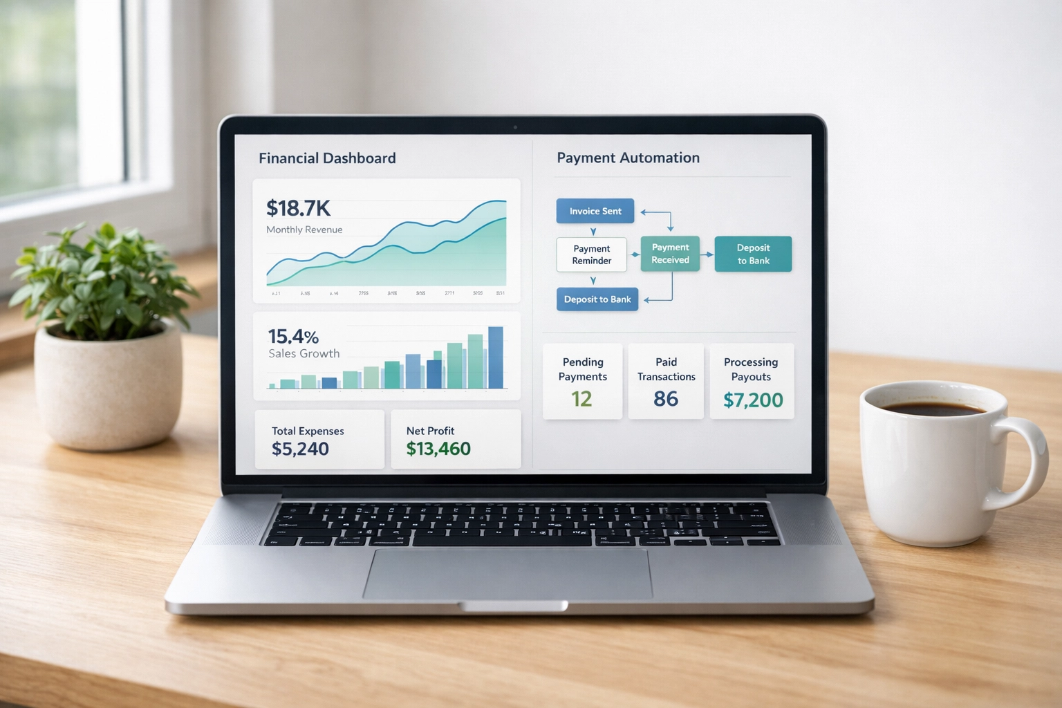 Hotel automation dashboard showing financial analytics and workflow reports on laptop screen