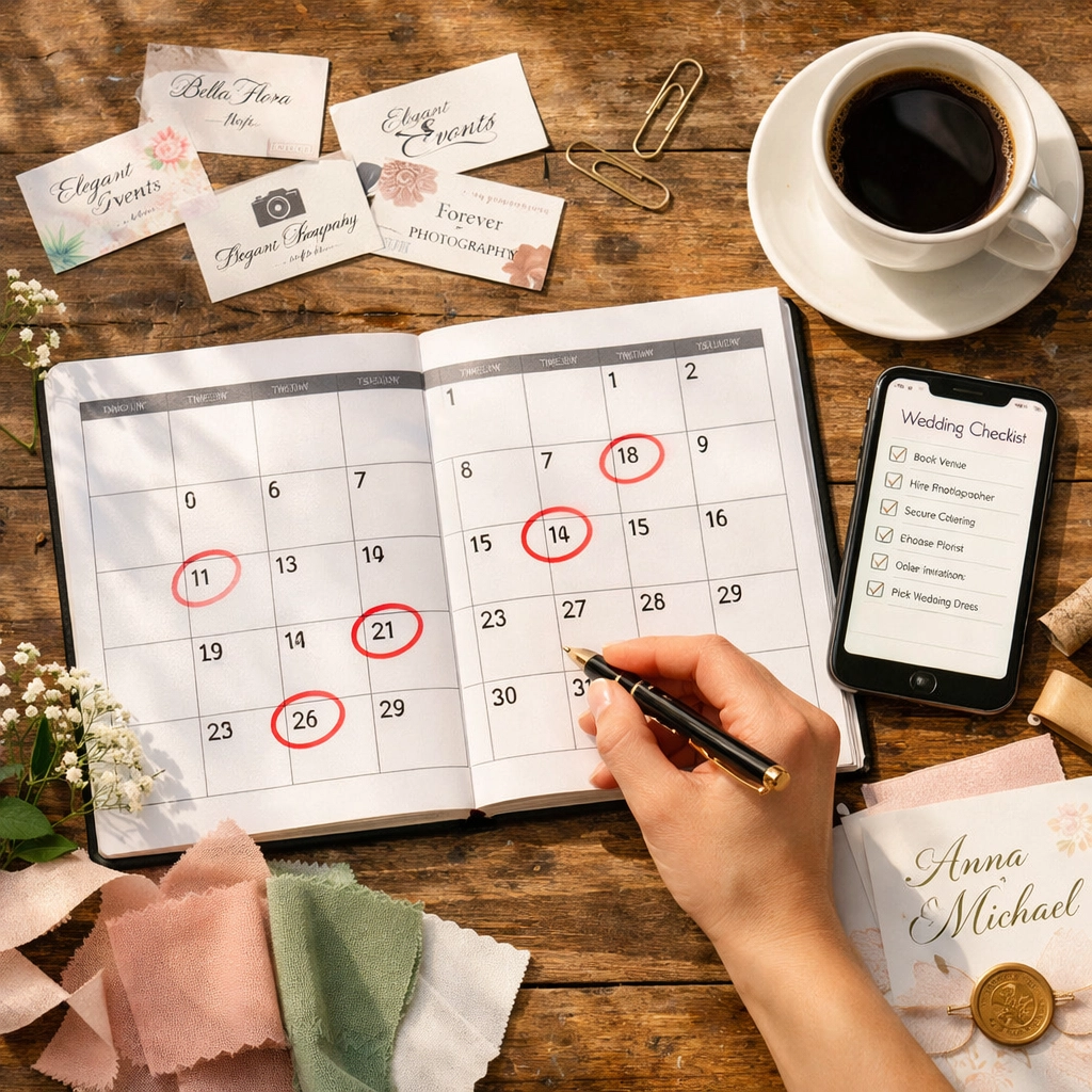 Wedding planning calendar with 2027 dates marked and vendor business cards on wooden table