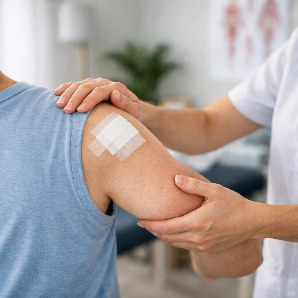 Physical therapist guiding patient through post-surgical shoulder rehabilitation exercise