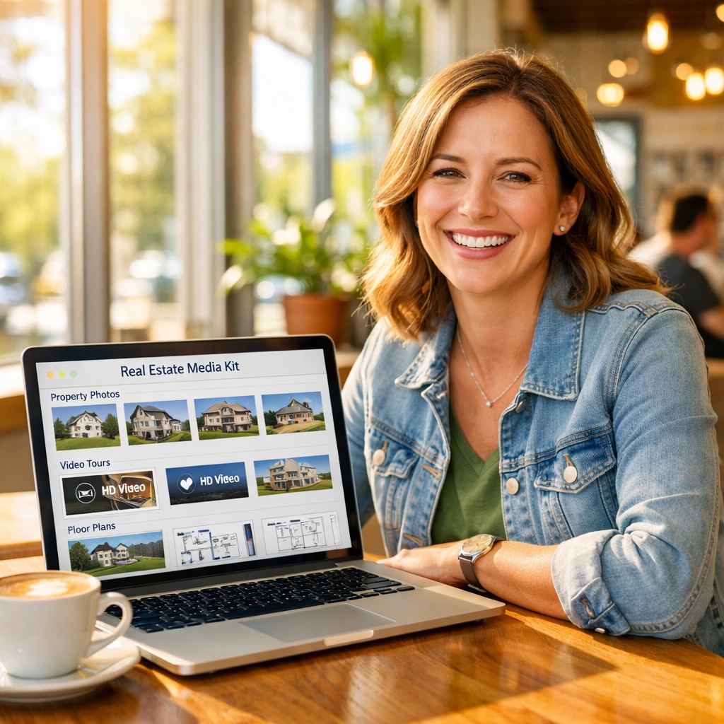 Happy Saskatoon realtor reviewing organized media kit folder with property photos and videos