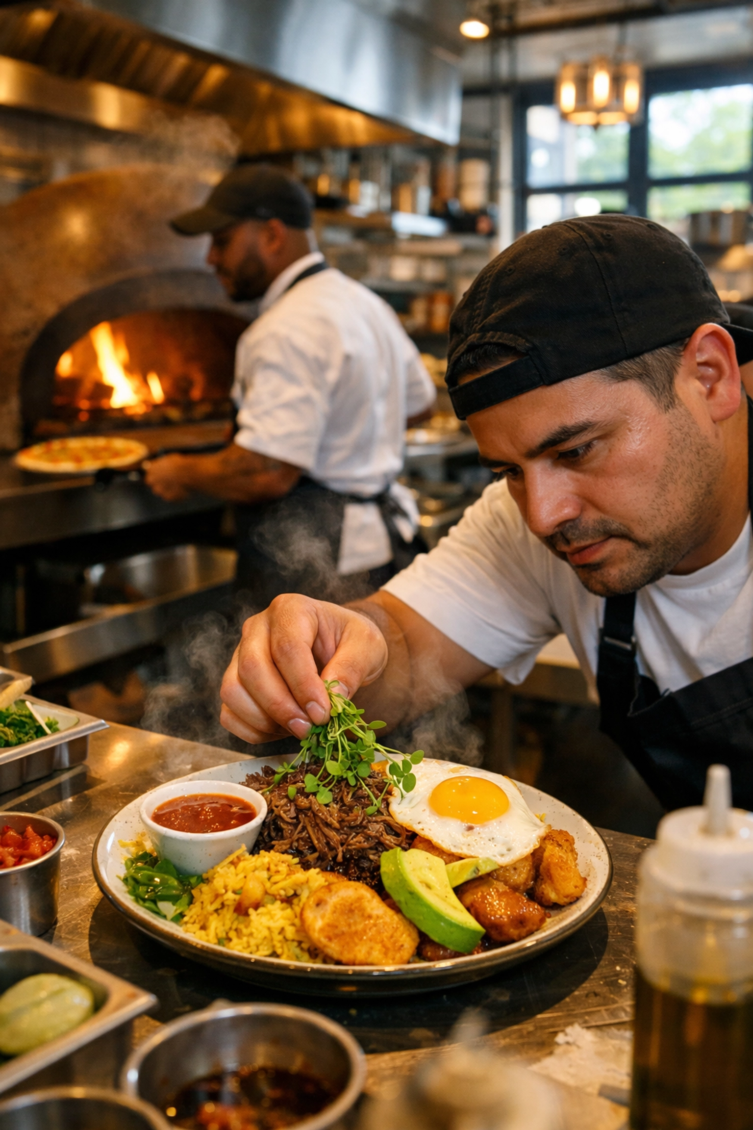 Professional chefs collaborating in an open kitchen during the busy Oakland Restaurant Week 2026.