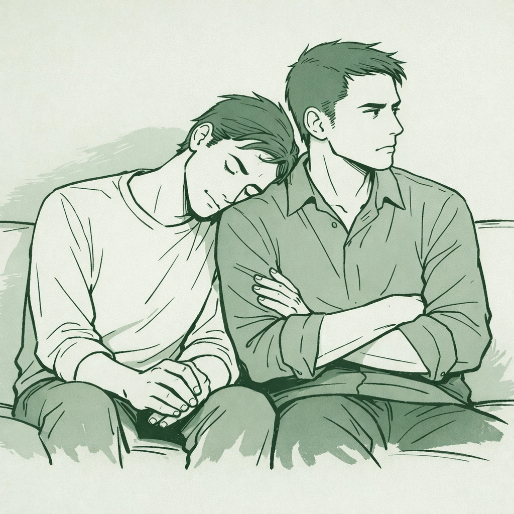 Two men in intimate yet conflicted moment depicting emotional tension in gay romance