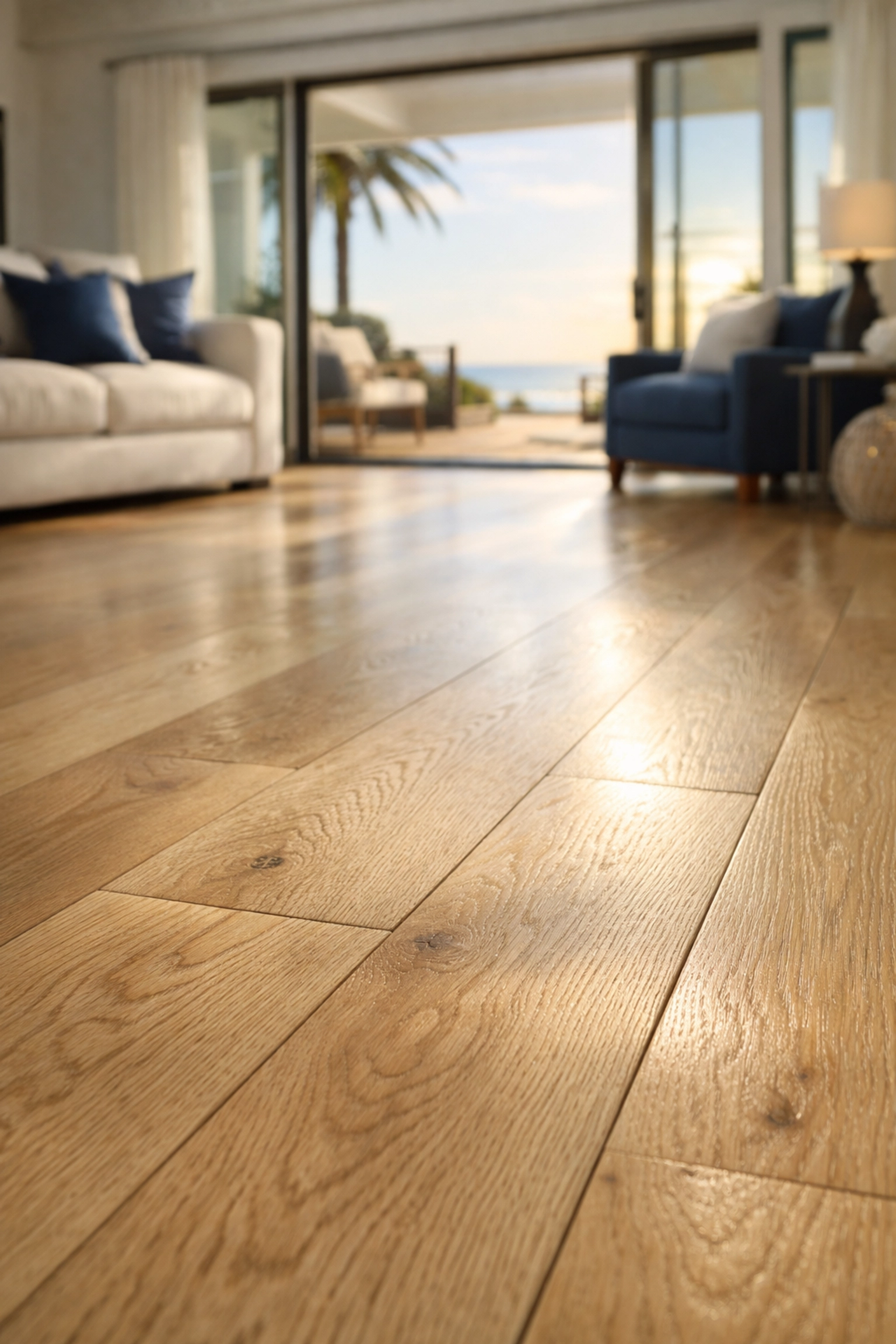 Pristine hardwood floors in a Duxbury coastal estate after professional sand removal.