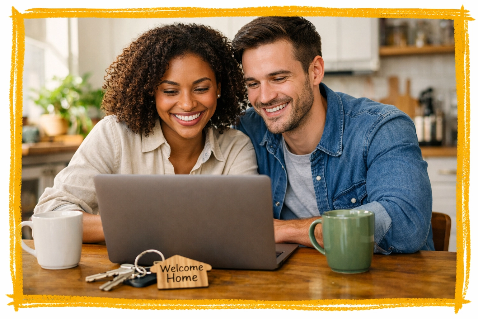 A happy young couple reviewing mortgage rates on a laptop to secure their dream home in Connecticut.