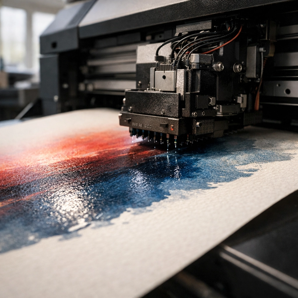 Professional giclée printer applying pigment ink to archival cotton rag paper for museum quality prints.