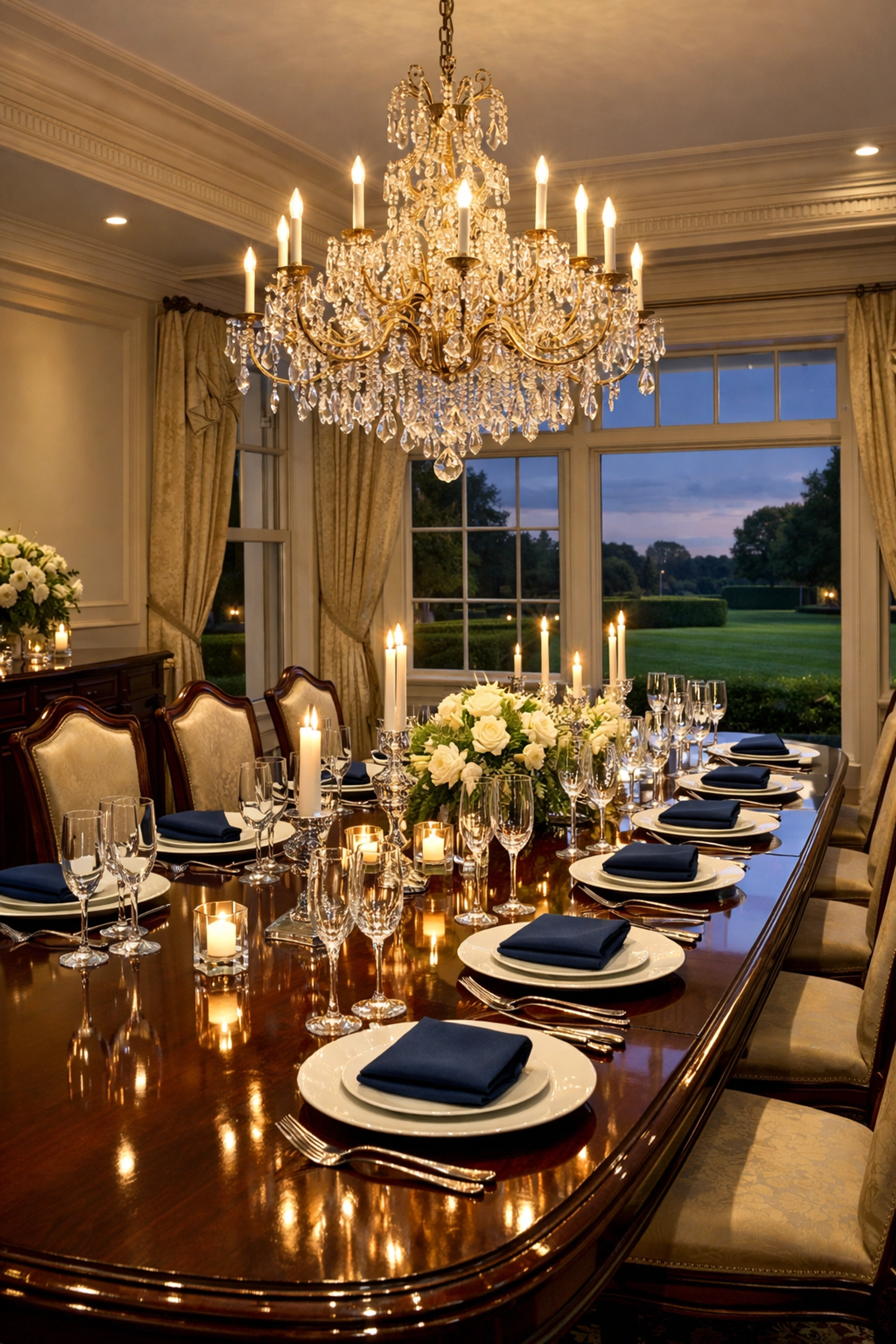 A spotless dining room prepared for a gala with high-end residential cleaning Massachusetts services.