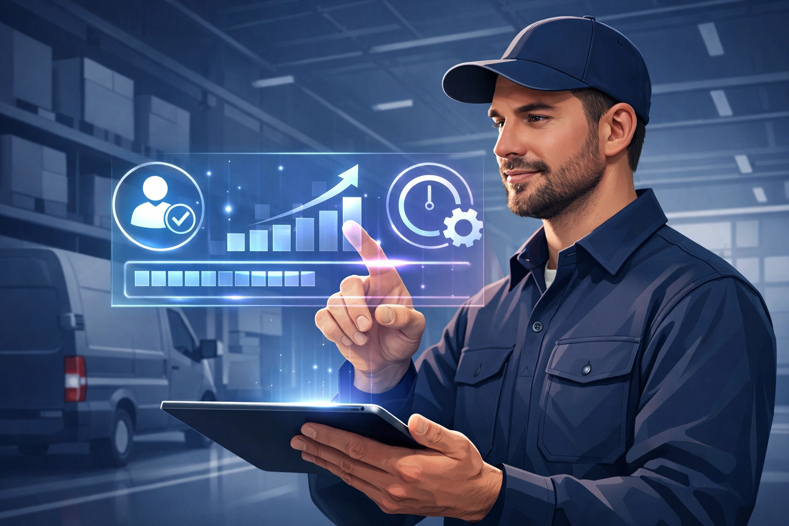 Digital tablet interface for HGV driver onboarding at a logistics recruitment agency.