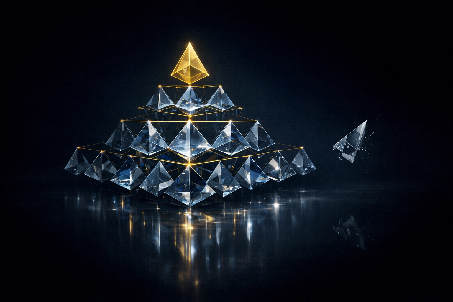 Crystalline geometric equity lattice arranged in clean layers with a separated fractured shard in a dark void.