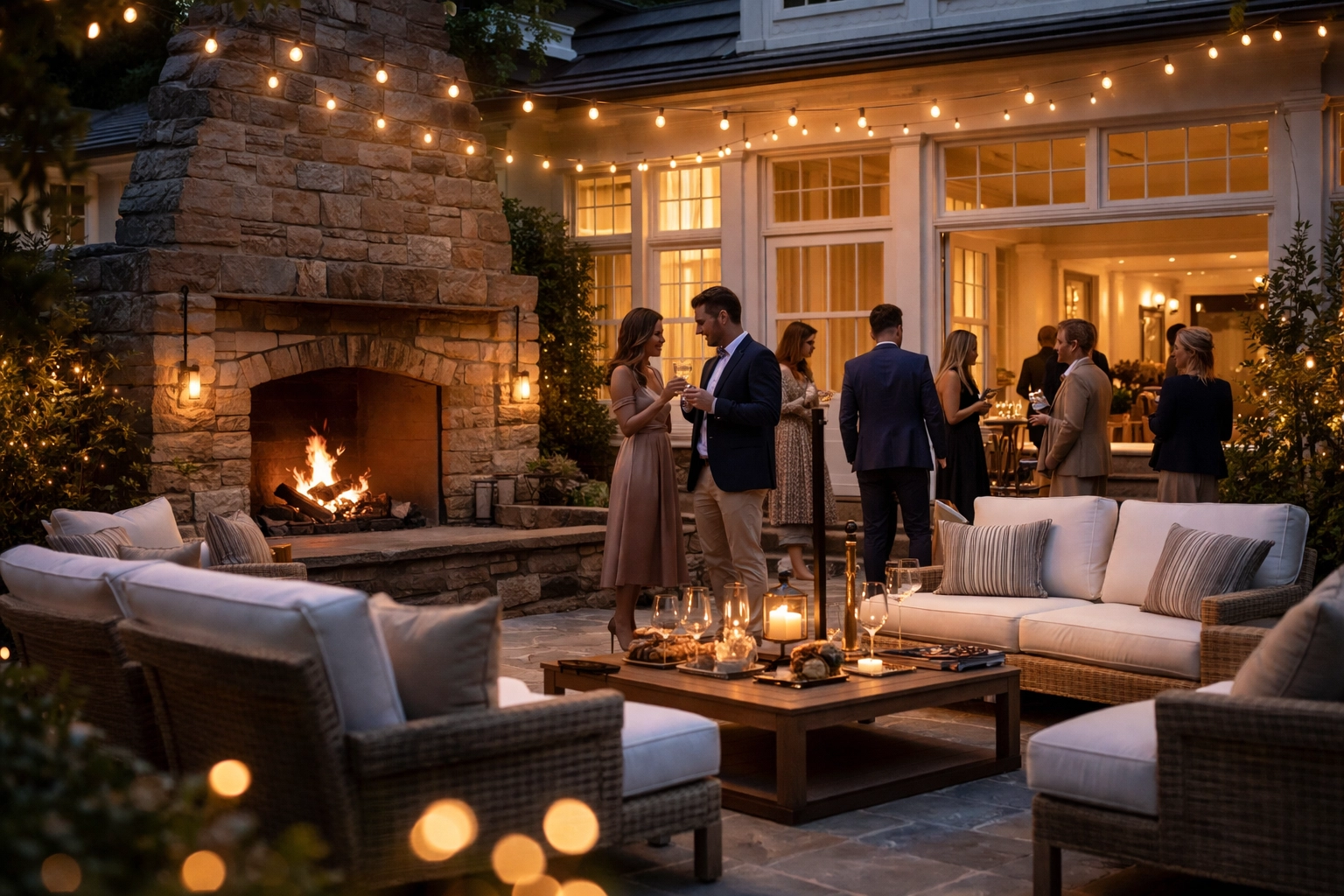 Outdoor evening gathering at a Connecticut luxury home, showcasing liability risks and umbrella insurance coverage