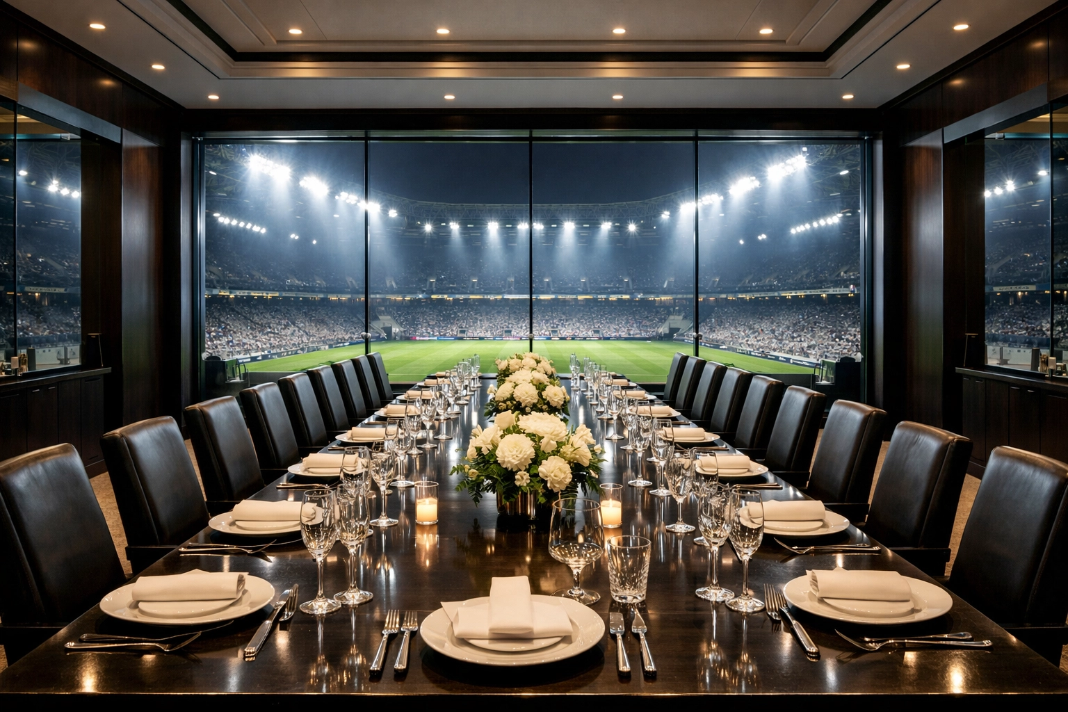 Luxury corporate hospitality dining table with views of a professional football stadium at night.