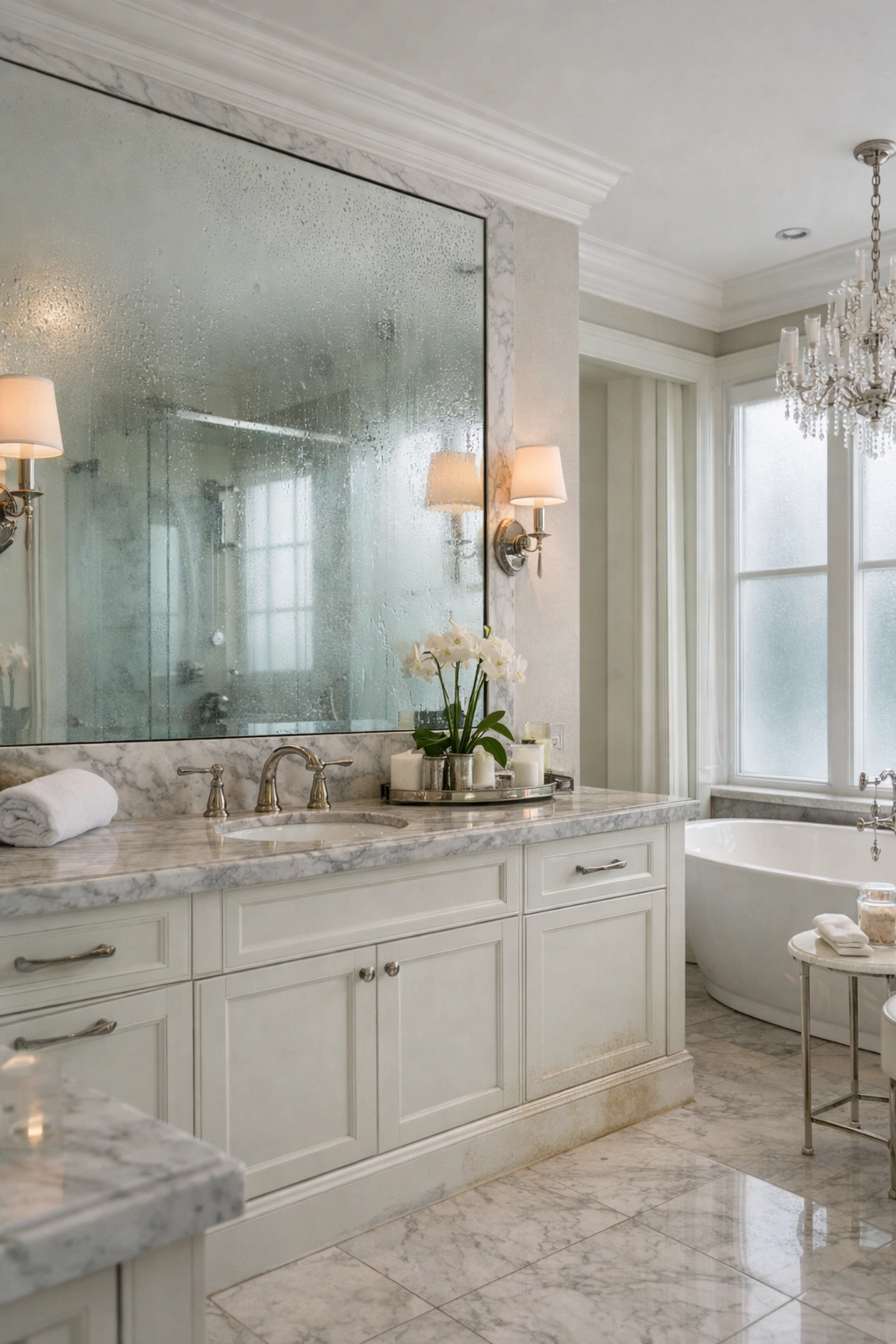 Luxury Beverly Hills bathroom with hidden moisture damage and potential mold growth