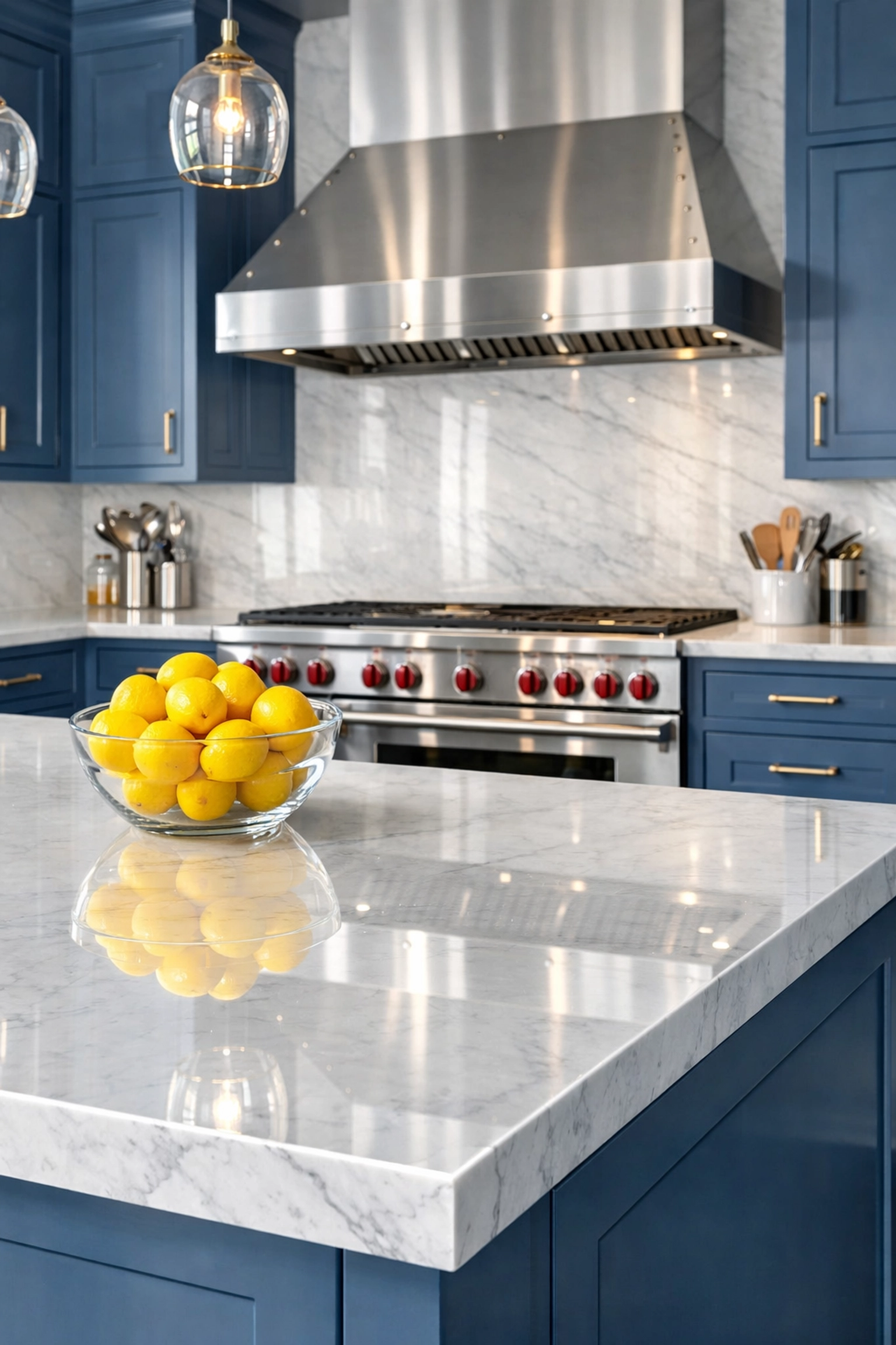 Spotless gourmet kitchen in Salisbury with a polished marble island and sanitized surfaces.