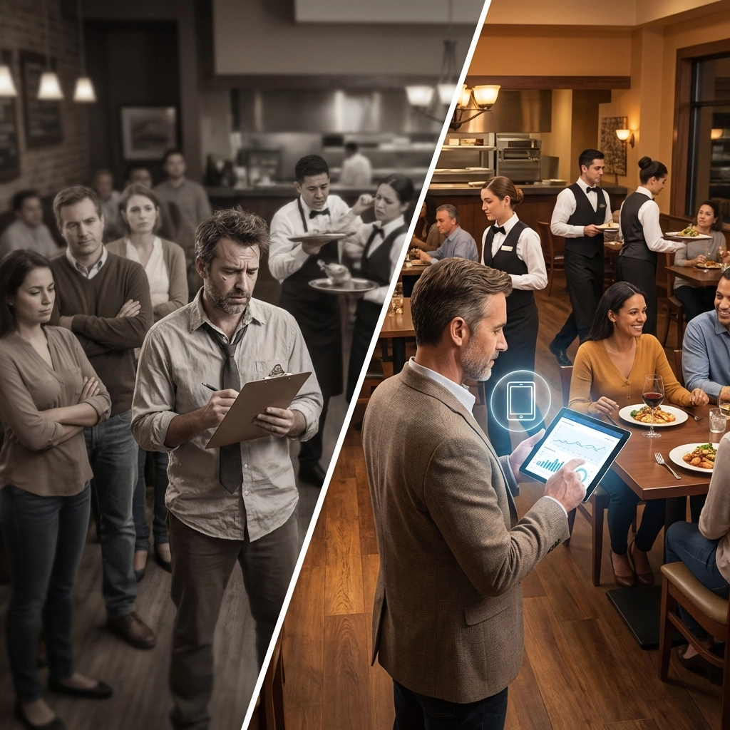 Side-by-side comparison of chaotic versus optimized restaurant staffing, highlighting efficiency gains using video analytics