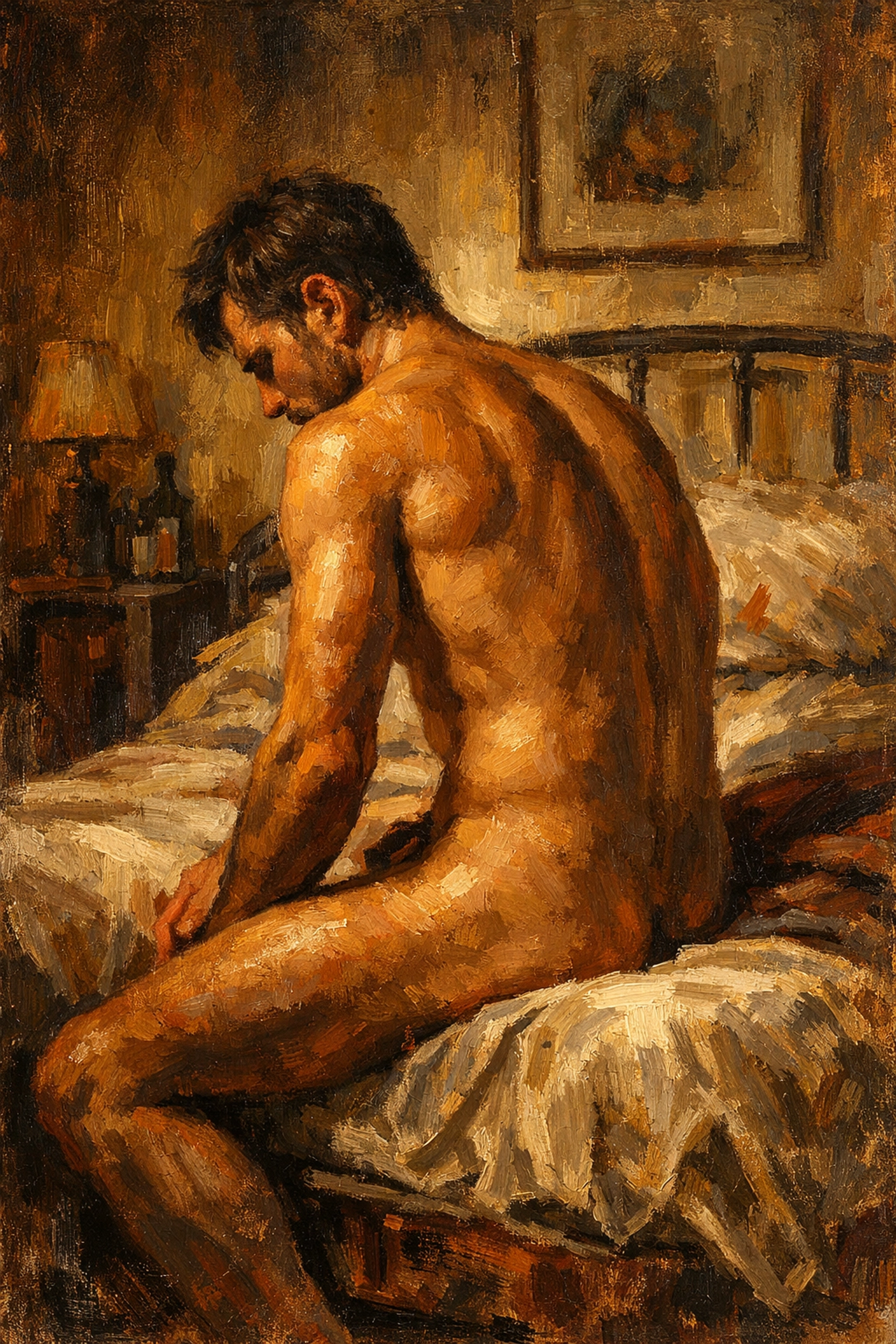Dramatic oil painting of a male nude, reflecting the raw intimacy found in gay fiction and MM romance novels.