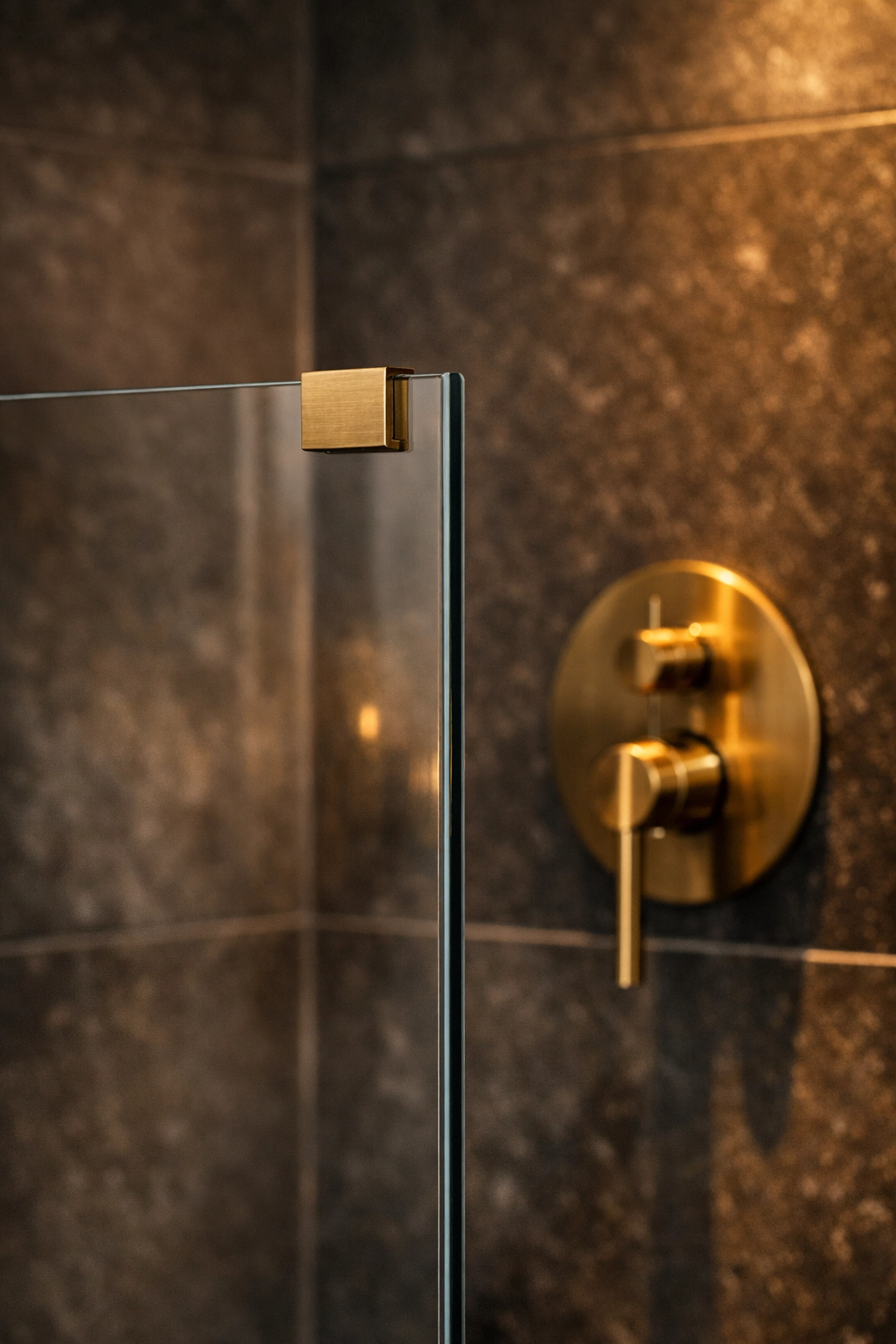 Frameless glass shower screen with brushed brass hardware against dark porcelain tiles.