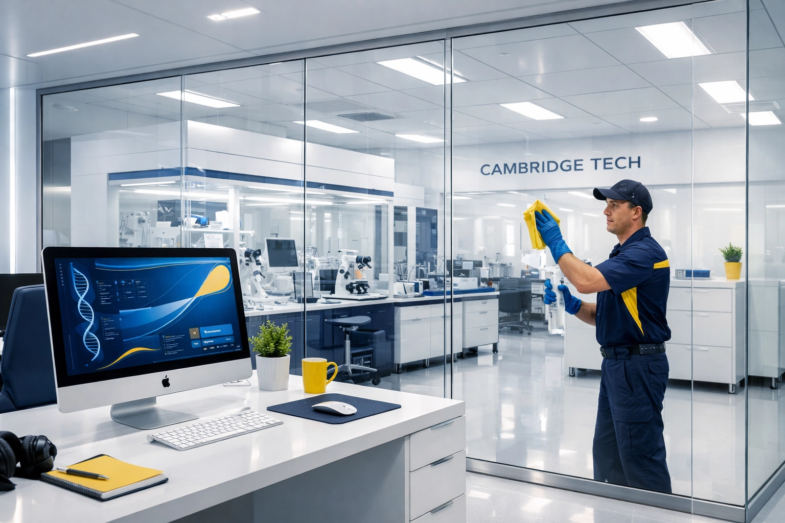 Professional cleaners sanitizing a modern tech office and lab in Cambridge, MA.