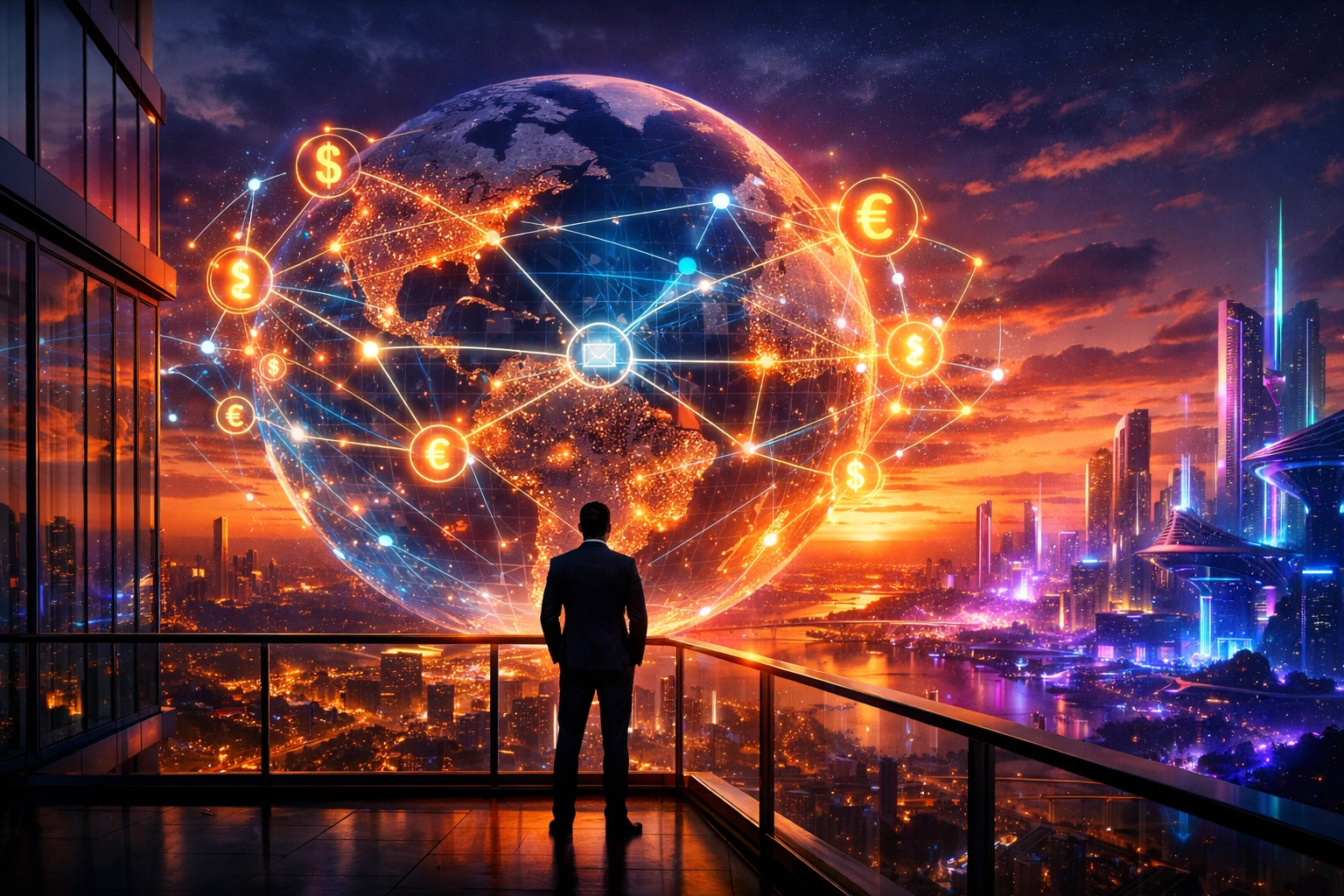 Entrepreneur managing a global Web3 payment network overlooking a futuristic metaverse city.