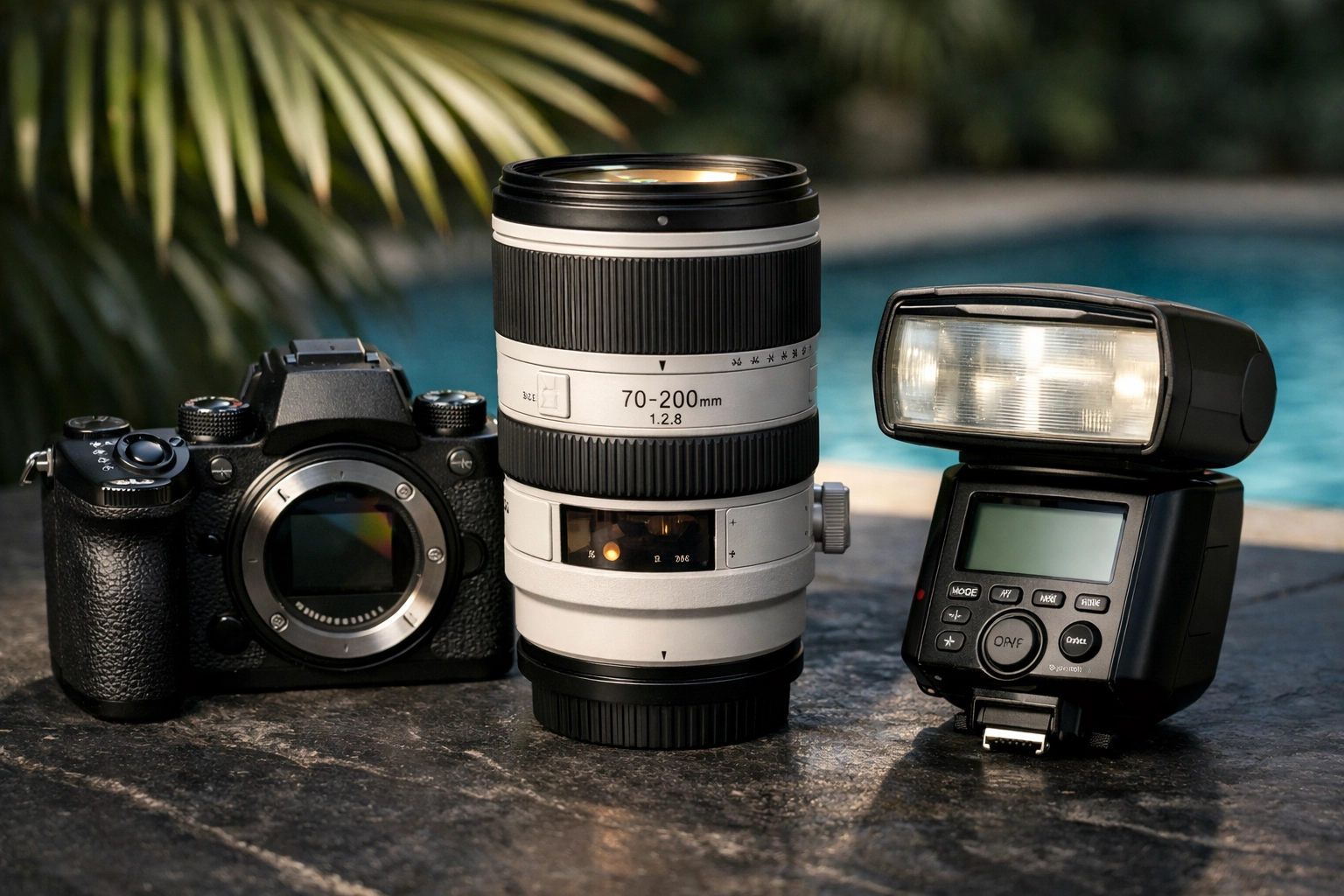 Essential gear for a professional commercial photographer in Miami including camera and lenses.