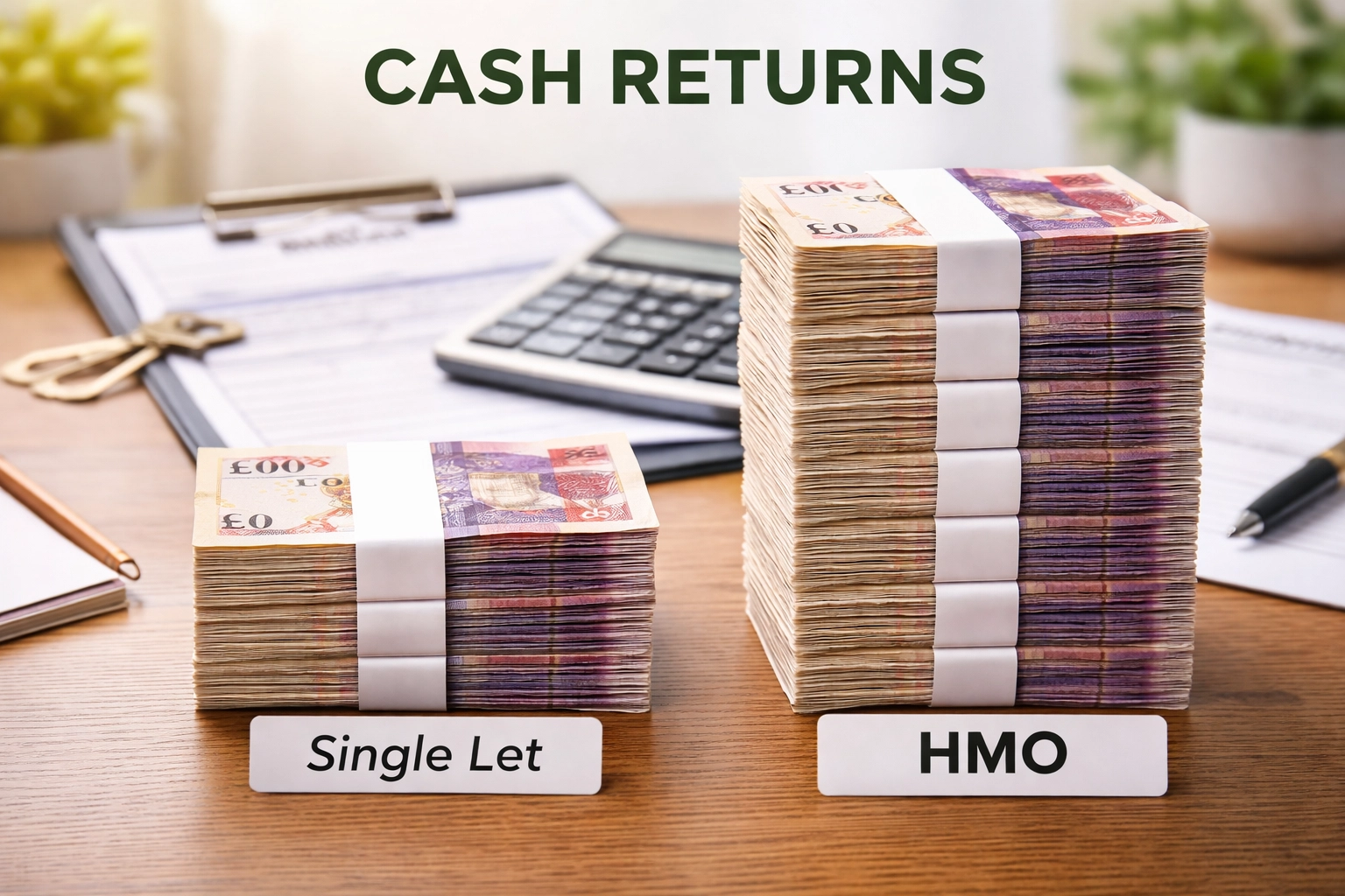 Cash stacks comparing single let and HMO returns, highlighting greater rental yields for Oldham HMO investors.