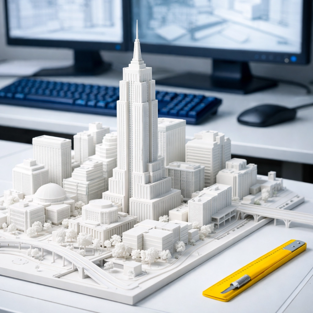 Dust-free architectural scale model on a pristine drafting table in a professional Somerville design office.