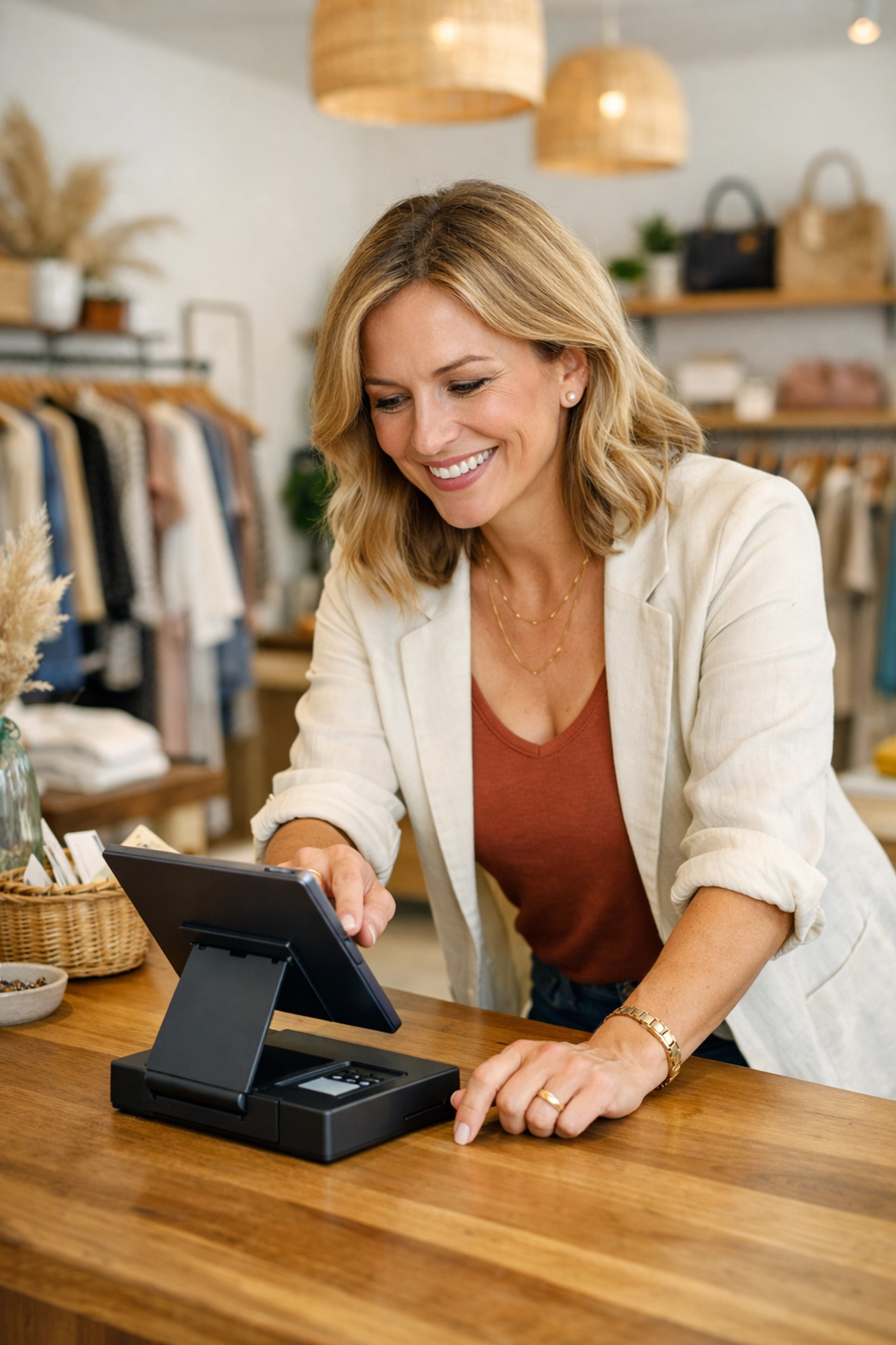 A retail shop owner using a modern epos system on a boutique counter for fast payments.