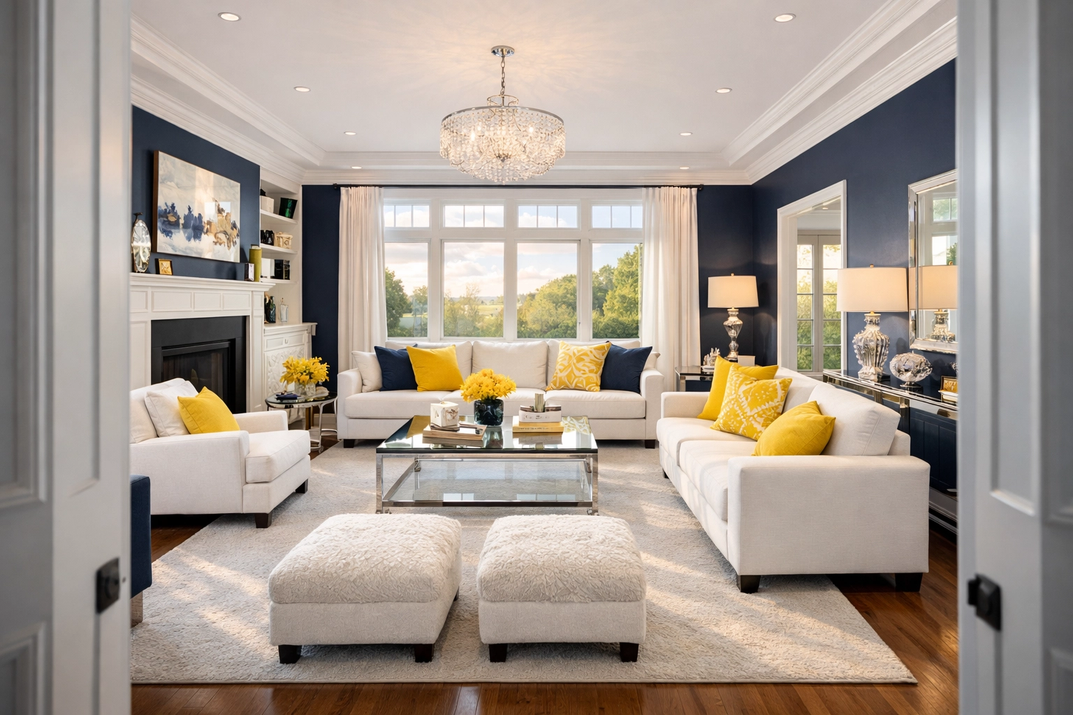 A pristine, move-in ready luxury living room following a professional post-construction cleaning in MA.