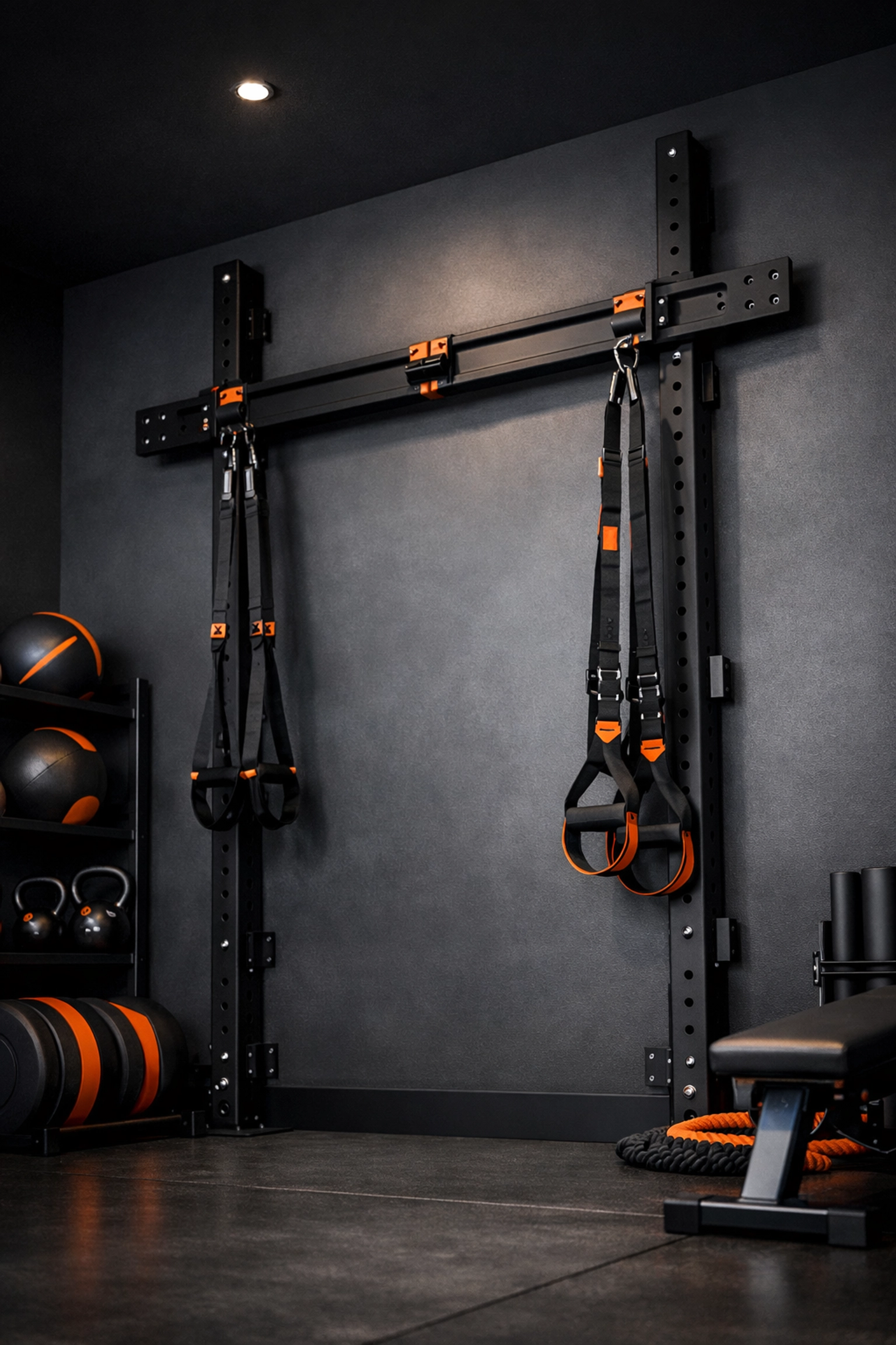 Secure floor to ceiling gym equipment using the Resistance Rail for a stable anchor point.