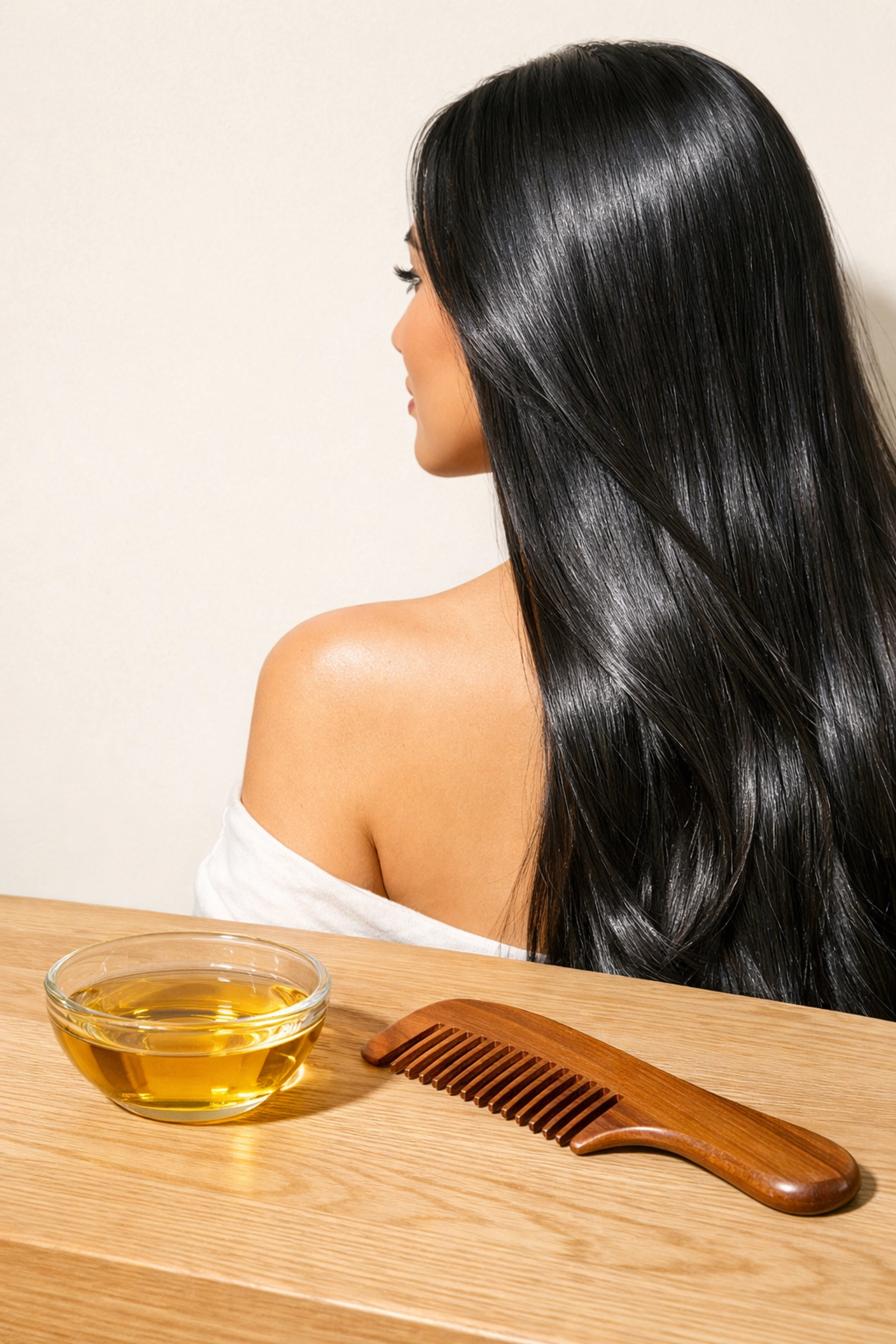 Healthy shiny hair with a bowl of golden sesame oil for deep hydration and scalp treatment.