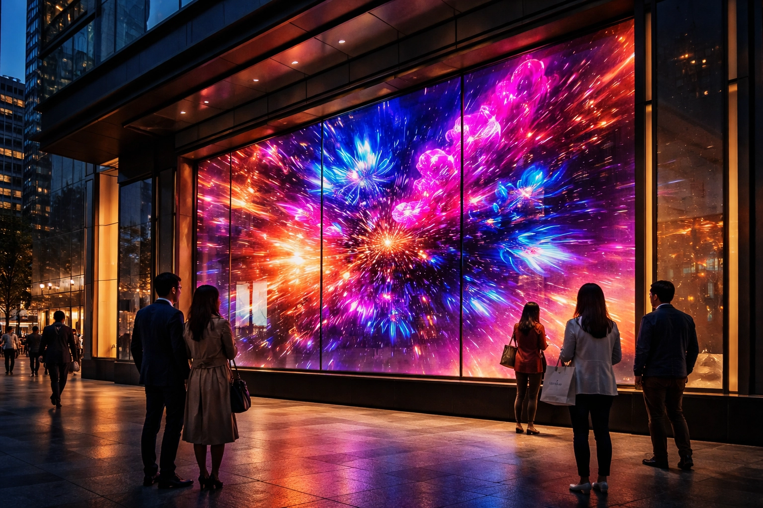 Flagship retail storefront at dusk with large digital display drawing urban shoppers, illustrating premium digital signage