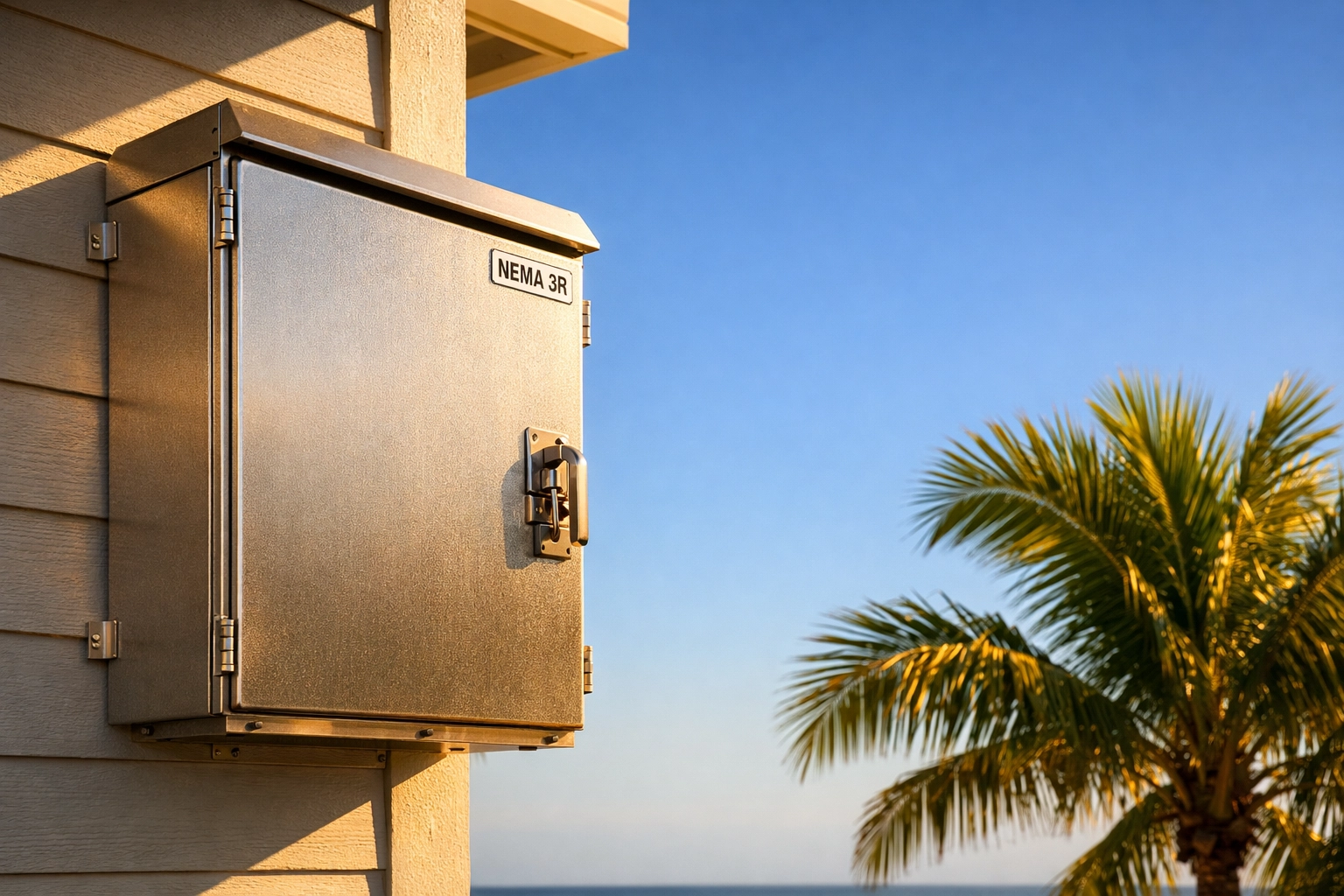 Hurricane-rated NEMA 3R electrical enclosure installed on a coastal Florida home to resist salt air and high winds.