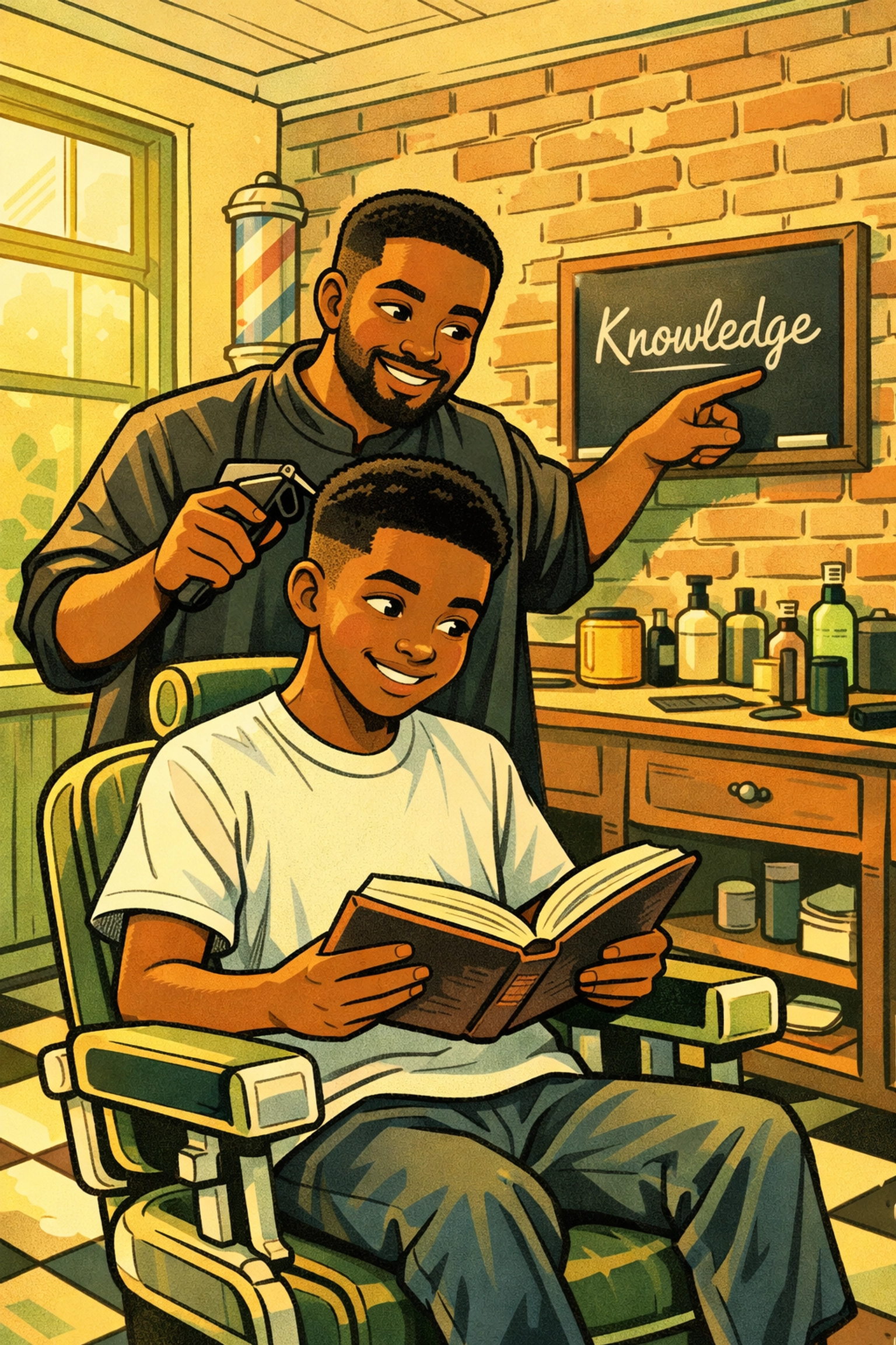 Barber mentoring Black teenage boy reading book during haircut at barbershop literacy program
