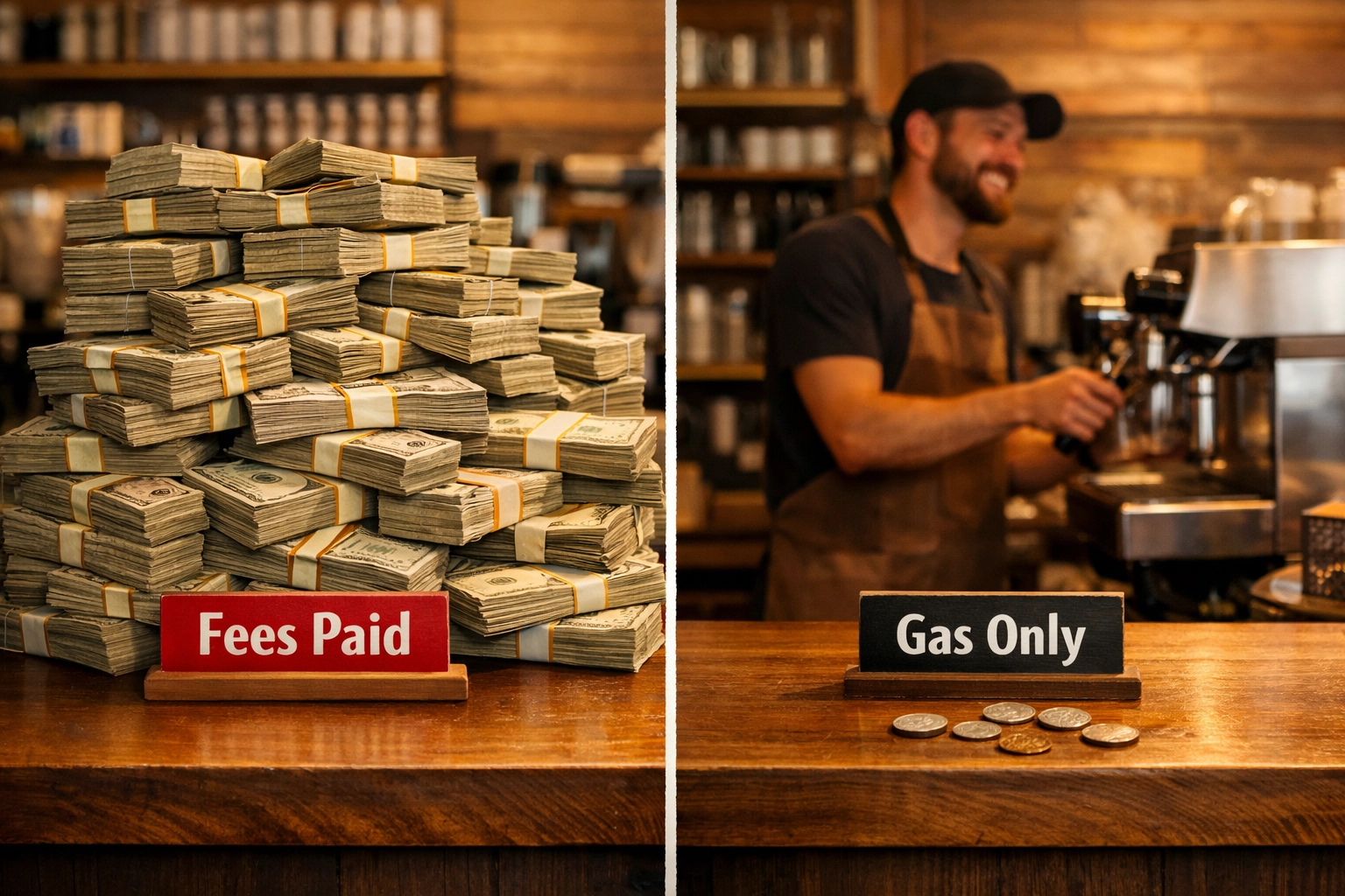 Coffee shop merchant comparing high traditional payment fees to minimal Larecoin gas-only transaction costs