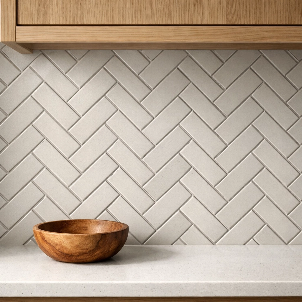 Sophisticated herringbone tile pattern for a custom kitchen backsplash paired with light oak custom cabinets.