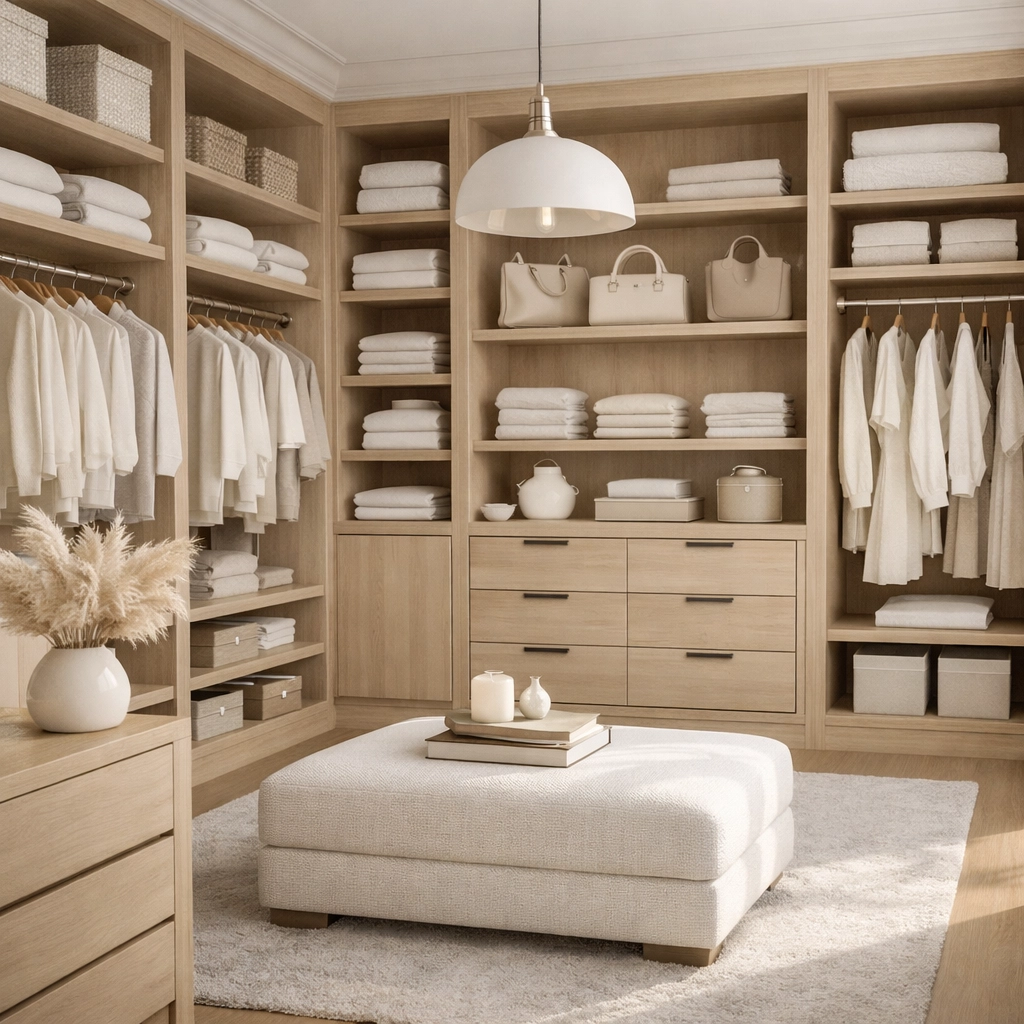 Neatly organized custom walk-in closet with oak shelving and white linens for a spring home refresh.