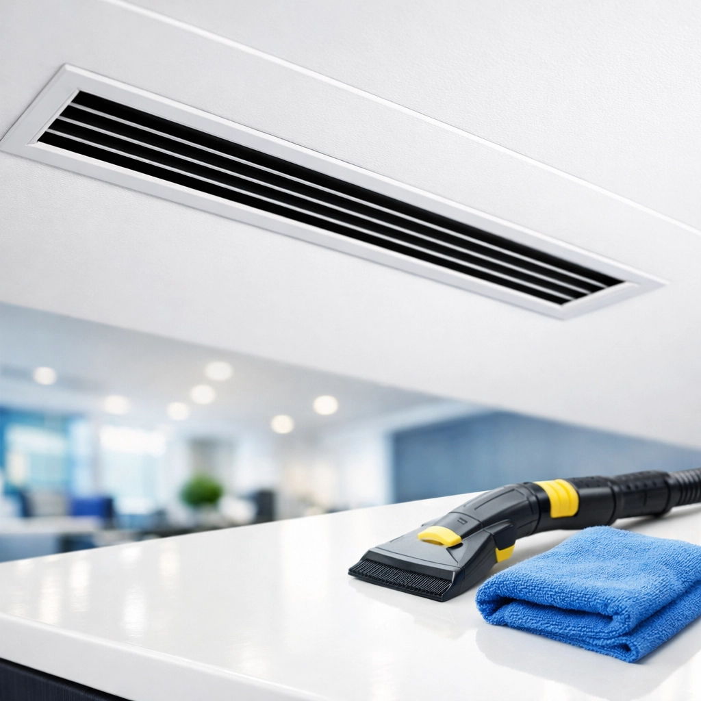 Professional cleaning of a modern HVAC vent to remove construction dust and improve indoor air quality in MA.