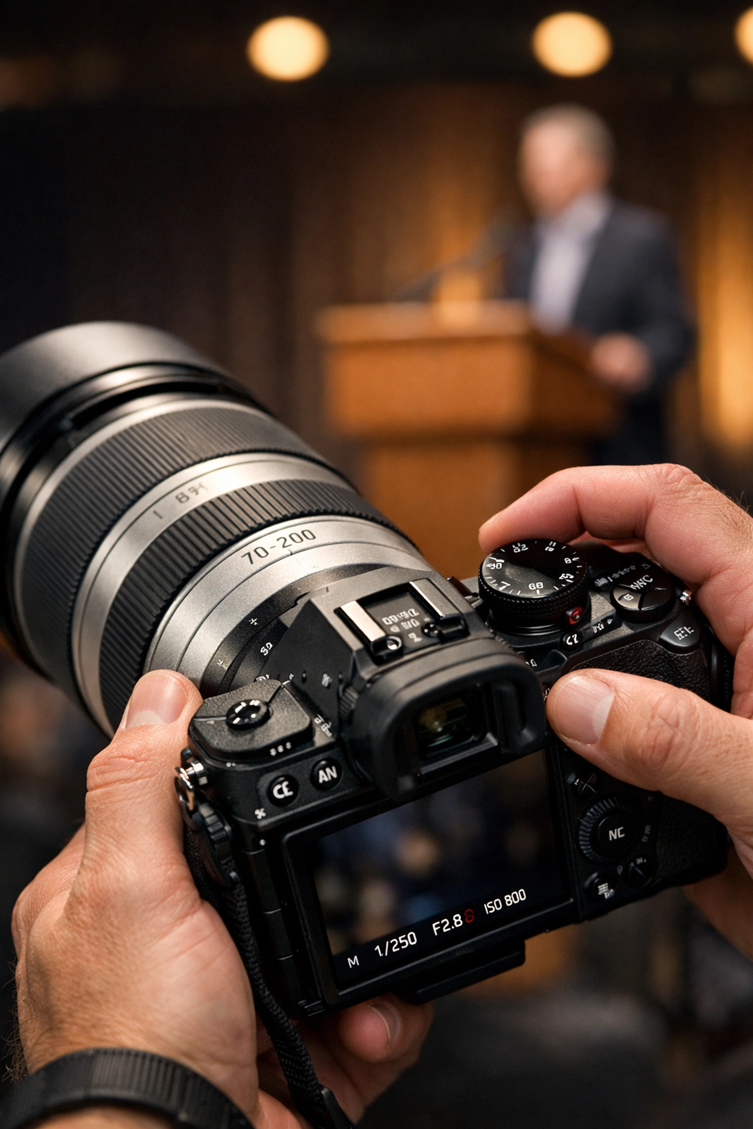 Miami event photographer focusing a high-end camera lens on a corporate speaker during a summit.