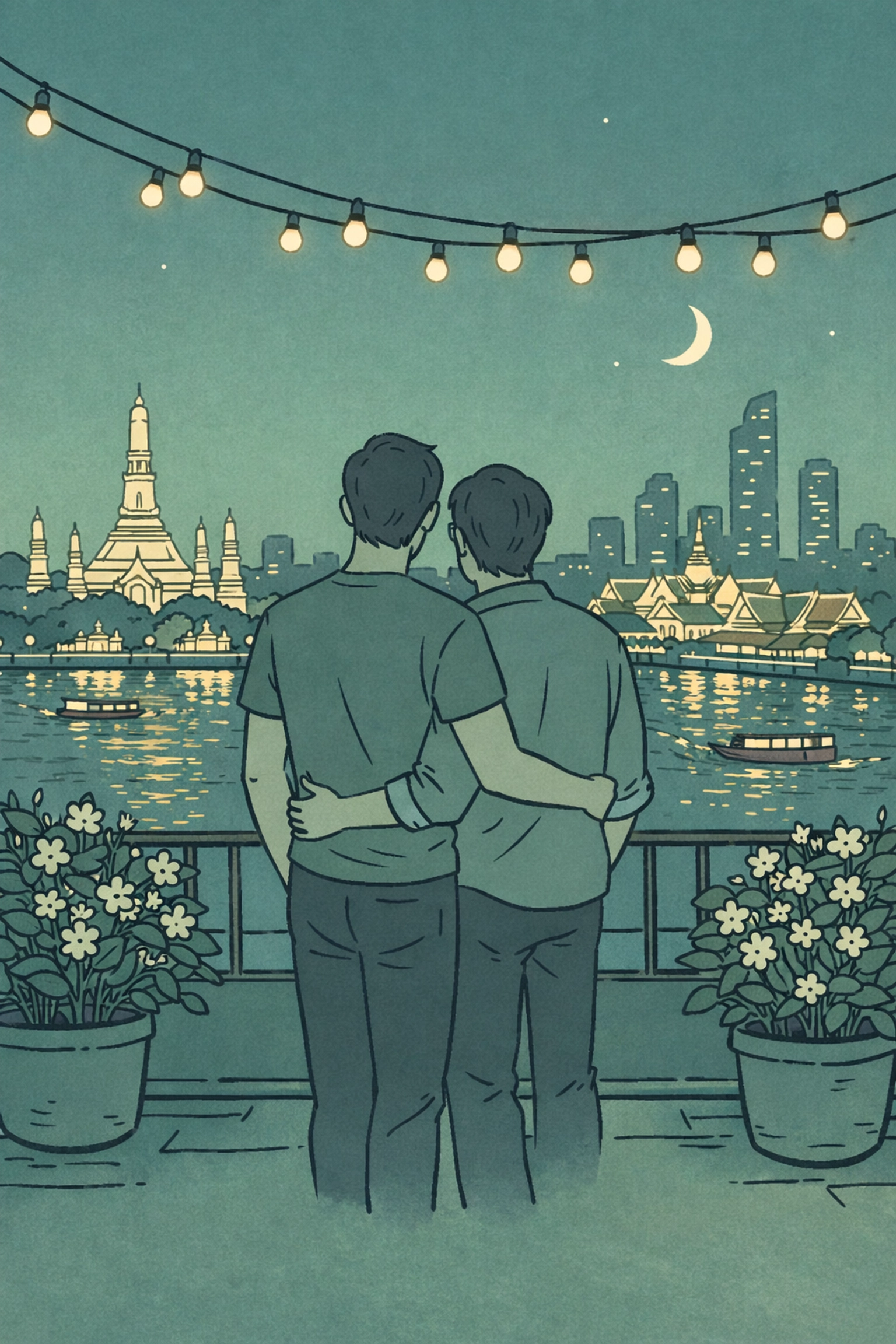 Gay couple on Bangkok rooftop overlooking Chao Phraya River at night, MM romance Thailand