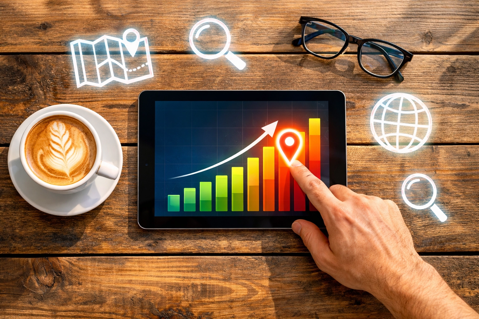 Tablet showing a business growth chart and local SEO strategy icons on a modern workspace table.