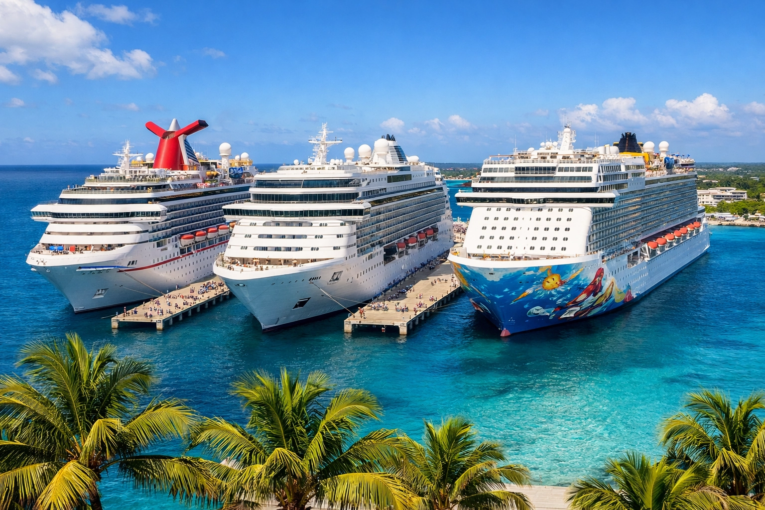 Three modern cruise ships docked at Caribbean port for first-time cruisers choosing their cruise line