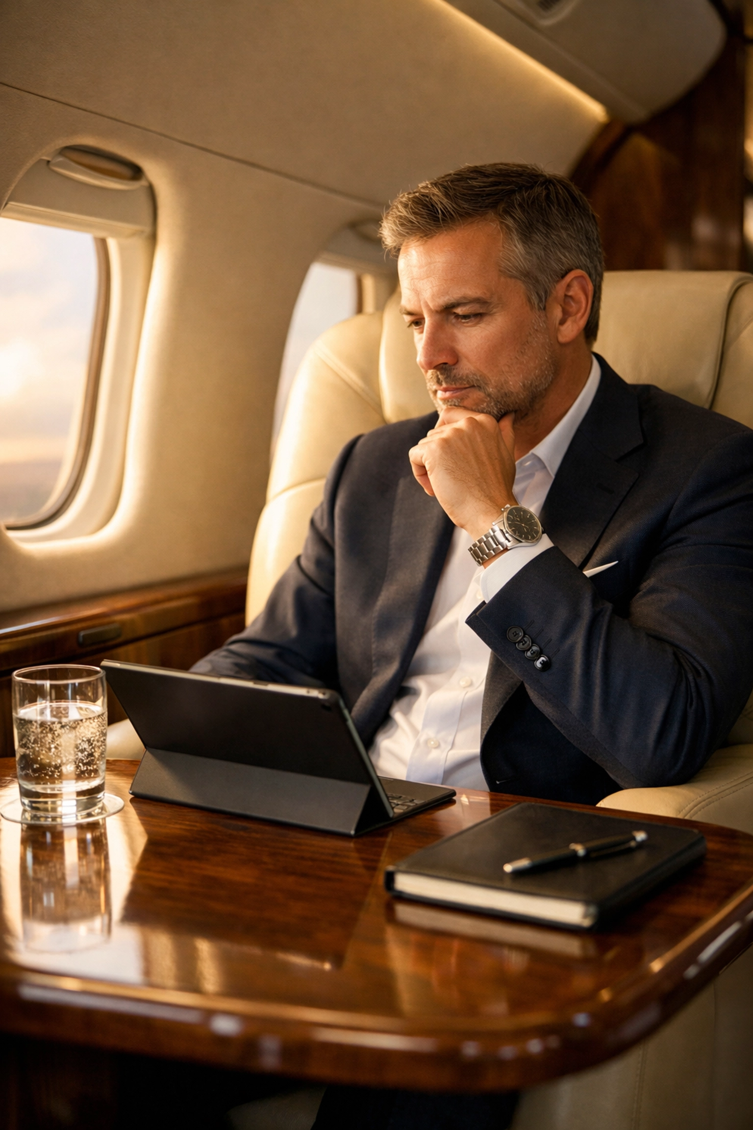 Business executive planning strategic follow-up inside a luxury private jet for corporate travel.