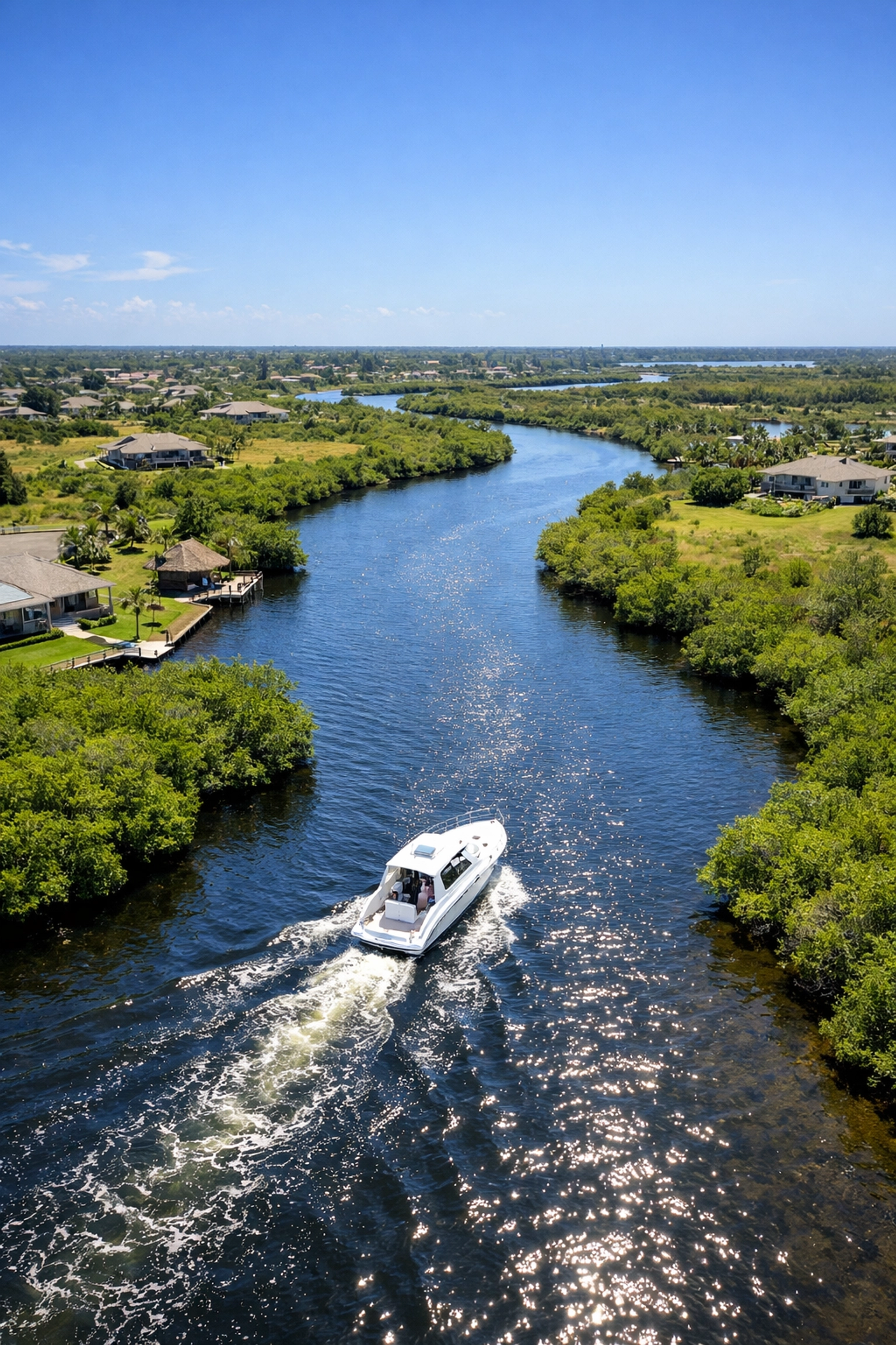 Aerial view of a boat navigating a saltwater canal in the Northwest Cape Coral quadrant.