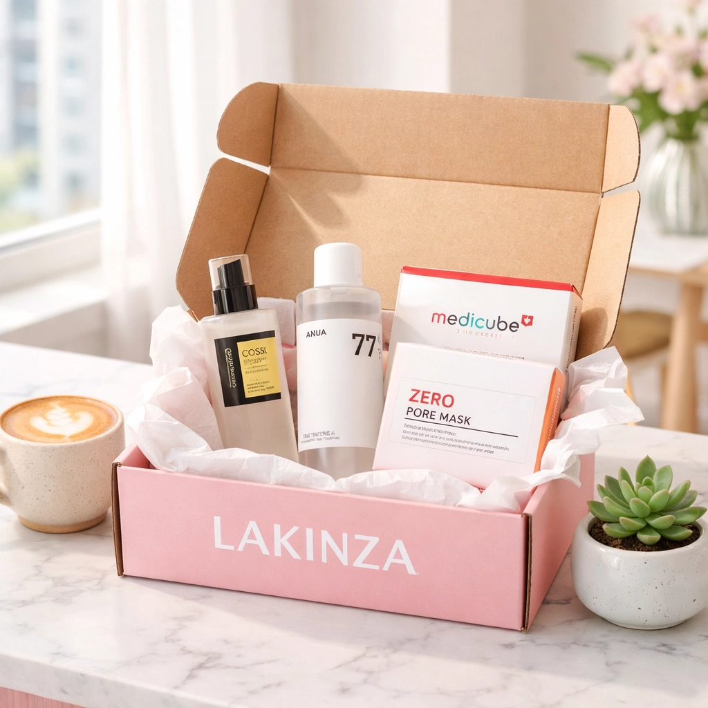 Lakinza delivery box with authentic K-beauty products on Montreal apartment countertop with coffee