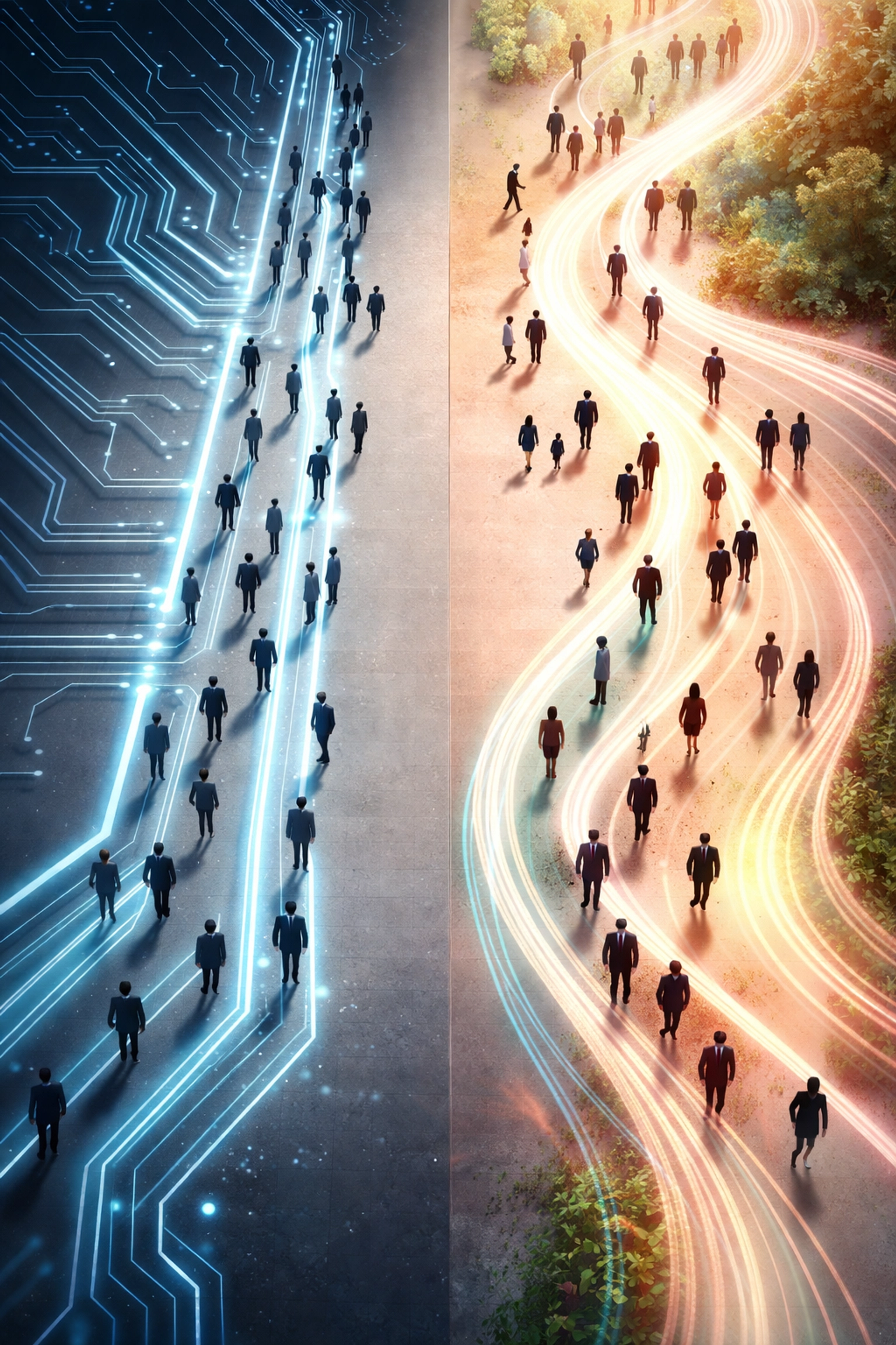Overhead view showing a rigid, technology-driven path versus a flexible, people-first AI pathway illustrating user empowerment