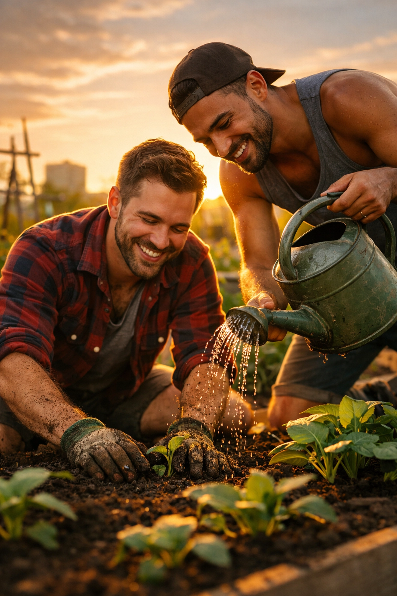 Two gay men gardening together at sunset, representing queer joy and grassroots community building.