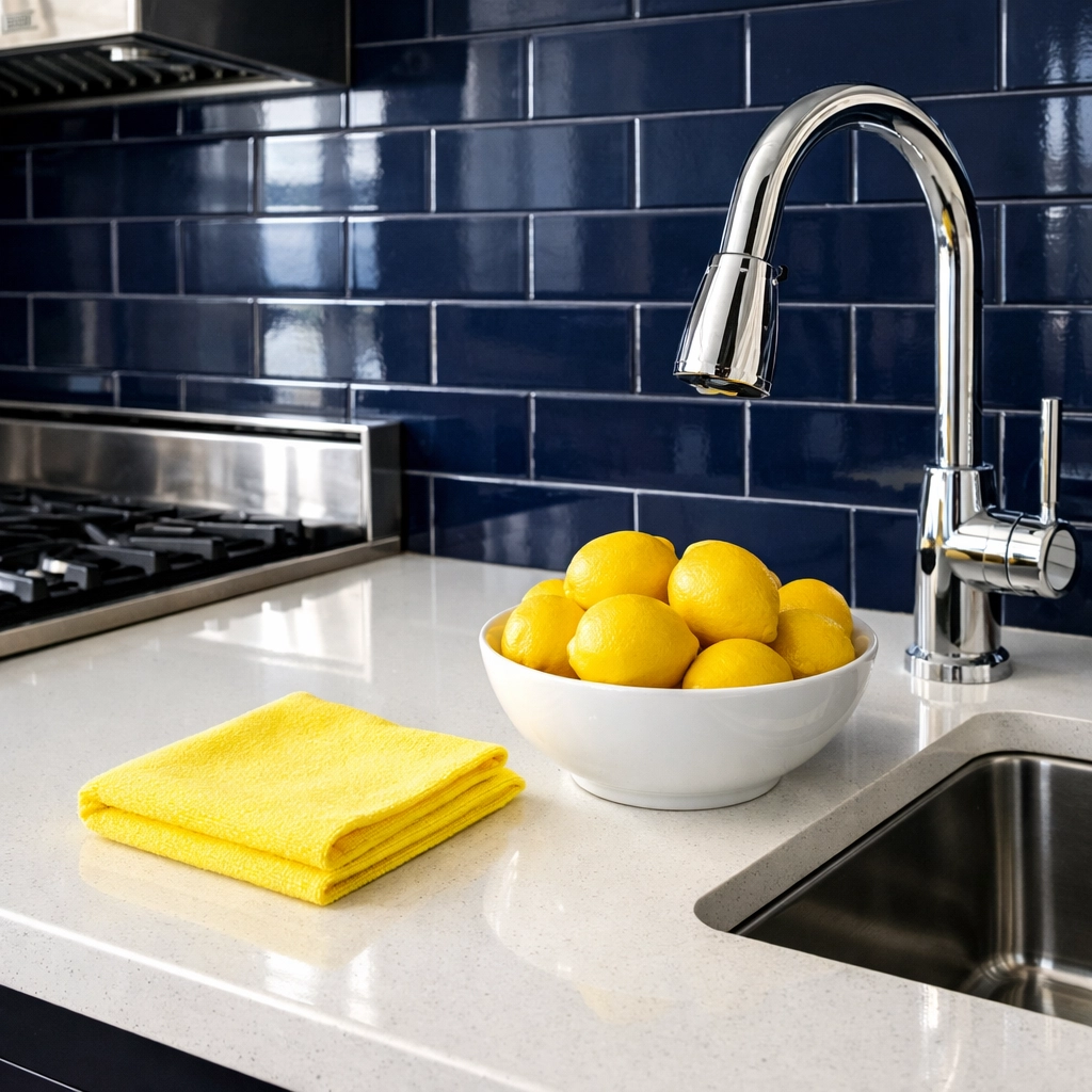 Detail-oriented kitchen cleaning in a MA home featuring polished quartz and chrome surfaces.